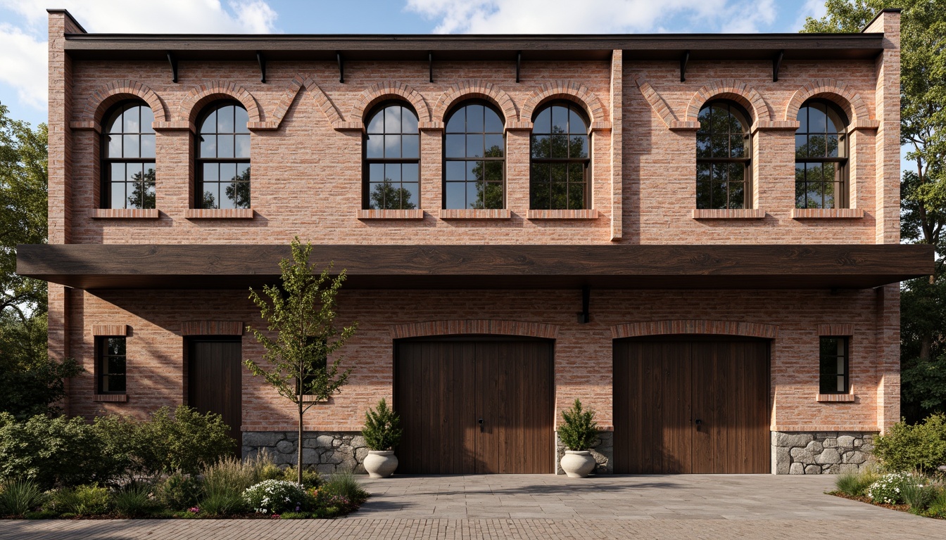 Prompt: Rustic warehouse facade, classic industrial architecture, exposed brick walls, metal beams, wooden accents, vintage windows, ornate ironwork, distressed textures, earthy color palette, natural stone foundations, symmetrical composition, central entrance, decorative cornices, arched doorways, subtle lighting, soft shadows, 1/1 aspect ratio, atmospheric perspective, realistic materials, detailed normal maps.