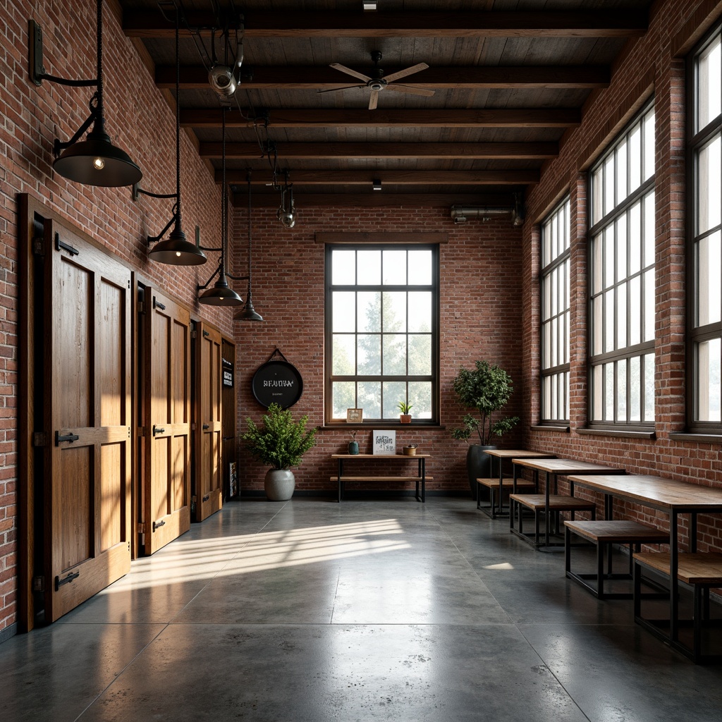 Prompt: Exposed brick walls, industrial steel beams, polished concrete floors, large windows with metal frames, wooden cargo doors, vintage pulley systems, rustic metal lighting fixtures, distressed wood accents, ornate ironwork details, classic signage, earthy color palette, warm natural lighting, shallow depth of field, 2/3 composition, symmetrical arrangement, realistic textures, ambient occlusion.