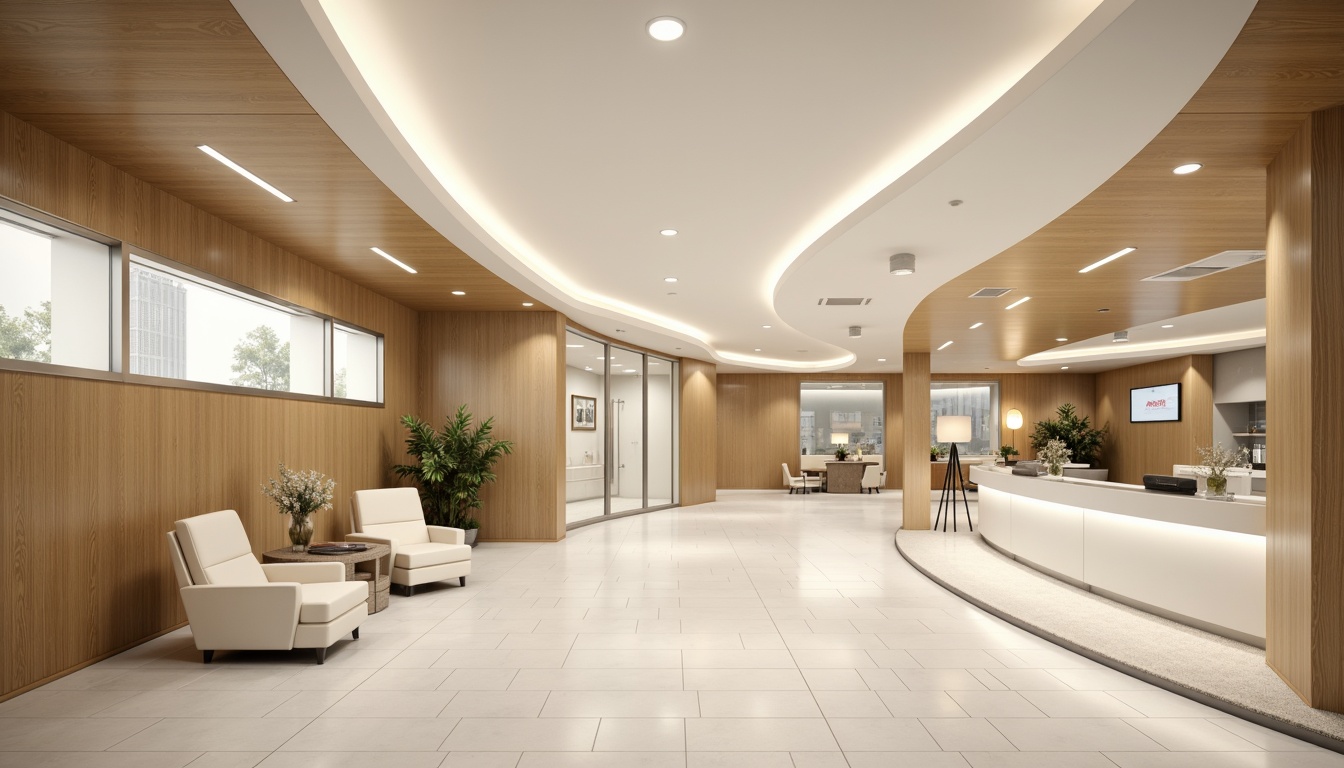 Prompt: Curved lines, minimal ornamentation, polished chrome accents, soft indirect lighting, warm beige walls, sleek glass partitions, minimalist furniture, stainless steel equipment, sterile white floors, natural oak wood details, rounded corners, subtle color scheme, calming atmosphere, softbox lights, LED strip lighting, diffused ceiling lights, 1/1 composition, realistic reflections, ambient occlusion.