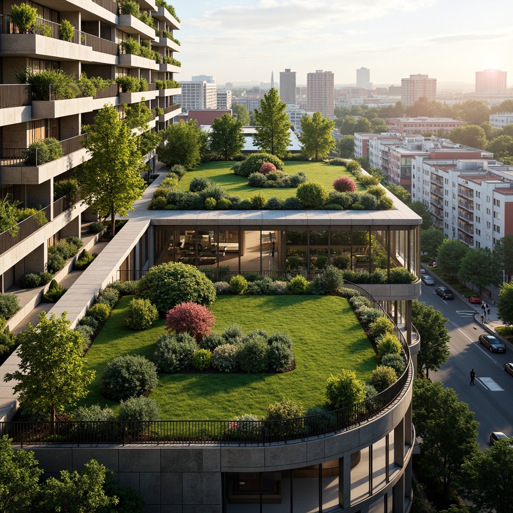 Prompt: Vibrant green roofs, lush vegetation, natural stone walls, large glass windows, curved metal frames, cantilevered balconies, modern minimalist design, energy-efficient systems, solar panels, rainwater harvesting, eco-friendly materials, vertical gardens, living walls, green facades, scenic city views, bustling urban streets, morning sunlight, soft warm lighting, shallow depth of field, 3/4 composition, panoramic view, realistic textures, ambient occlusion.