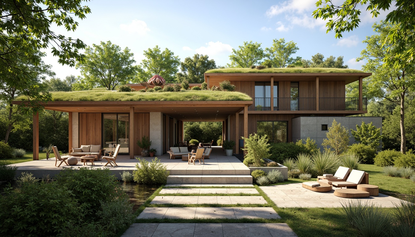 Prompt: Sustainable eco-home, lush green roofs, living walls, reclaimed wood accents, energy-efficient appliances, solar panels, wind turbines, rainwater harvesting systems, organic gardens, natural stone flooring, bamboo furniture, minimalist decor, calming color palette, abundant natural light, soft warm ambiance, shallow depth of field, 3/4 composition, realistic textures, ambient occlusion.