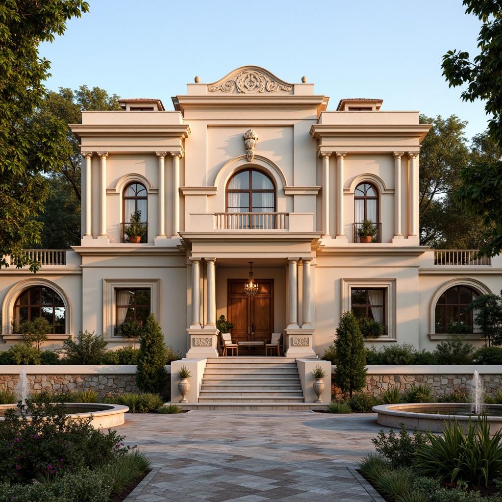 Prompt: Elegant villa facade, symmetrical architecture, balanced composition, ornate decorations, classical columns, architraves, pediments, rustic stone walls, manicured gardens, fountain features, grand entranceways, sweeping staircases, opulent chandeliers, warm beige stucco, soft cream accents, intricate moldings, subtle texture variations, serene atmosphere, warm golden lighting, shallow depth of field, central axis symmetry, 1/1 composition.