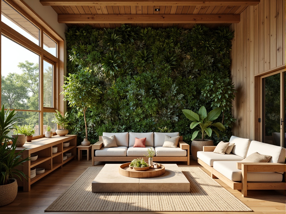 Prompt: Earthy tone, reclaimed wood, living green walls, bamboo flooring, natural stone countertops, earthy ceramics, woven wicker furniture, jute rugs, linen upholstery, organic shapes, biophilic design, abundant natural light, soft warm ambiance, shallow depth of field, 3/4 composition, realistic textures, ambient occlusion.