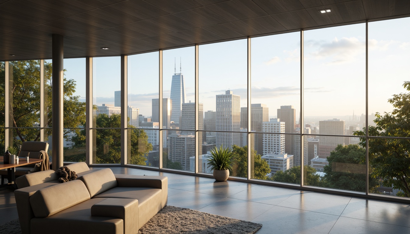 Prompt: Modern windows, floor-to-ceiling glass, natural light pouring in, breathtaking cityscape views, urban landscape, steel frames, minimalist design, sleek lines, reflective surfaces, morning sunlight, warm ambiance, shallow depth of field, 1/2 composition, realistic textures, ambient occlusion, subtle shading, soft focus, atmospheric perspective.