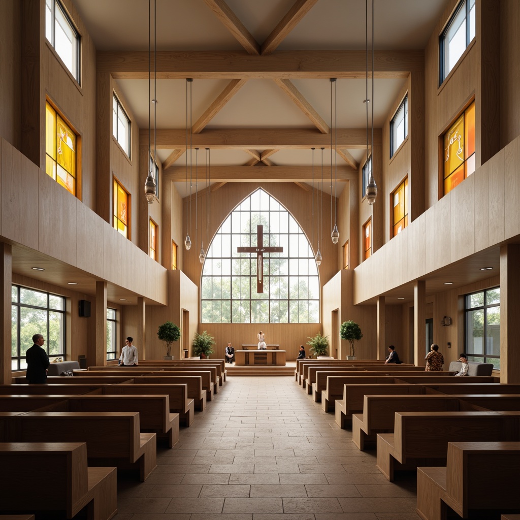 Prompt: Contemporary church interior, minimalist altar, sleek wooden pews, stained glass windows, vaulted ceilings, natural stone flooring, modern chandeliers, ambient lighting, calm atmosphere, sacred ambiance, innovative spatial layout, open floor plan, flexible seating arrangements, community-focused design, acoustic panels, sound-absorbing materials, subtle color scheme, abstract artwork, geometric patterns, spiritual symbols, warm neutral tones, soft diffused lighting, 1/1 composition, realistic textures.