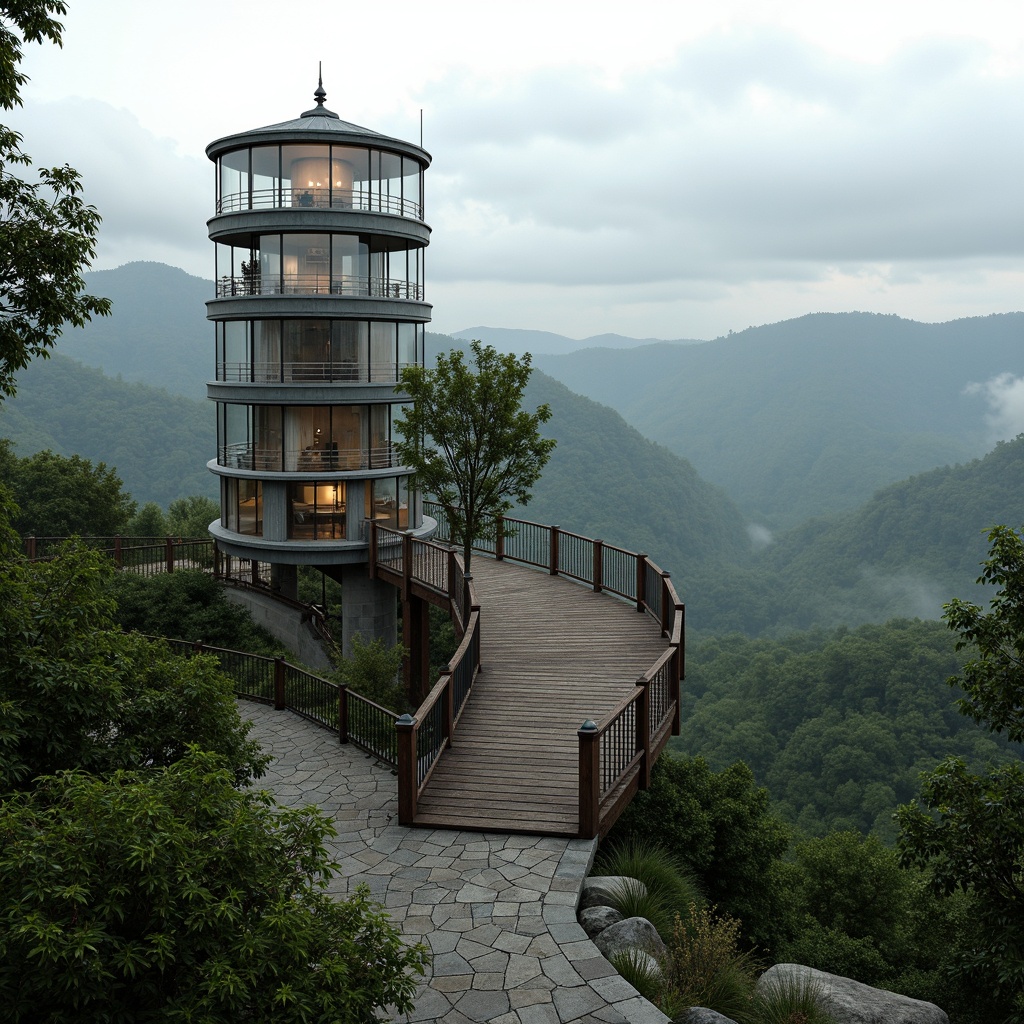 Prompt: Scenic watchtower, harmonious landscape integration, rolling hills, lush green forests, winding stone paths, natural rock formations, weathered wooden decks, panoramic viewing platforms, rustic metal railings, warm lantern lighting, misty morning atmosphere, shallow depth of field, 1/1 composition, symmetrical balance, earthy color palette, organic textures, ambient occlusion.