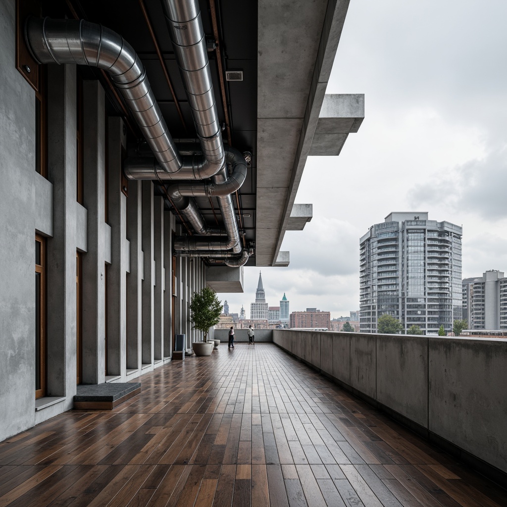 Prompt: Polished concrete walls, sleek metal accents, minimalist wooden floors, industrial-style pipes, exposed ductwork, geometric glass facades, cantilevered roofs, angular lines, monochromatic color scheme, urban cityscape, overcast sky, dramatic shadows, high-contrast lighting, 1/1 composition, wide-angle lens, realistic reflections, ambient occlusion.