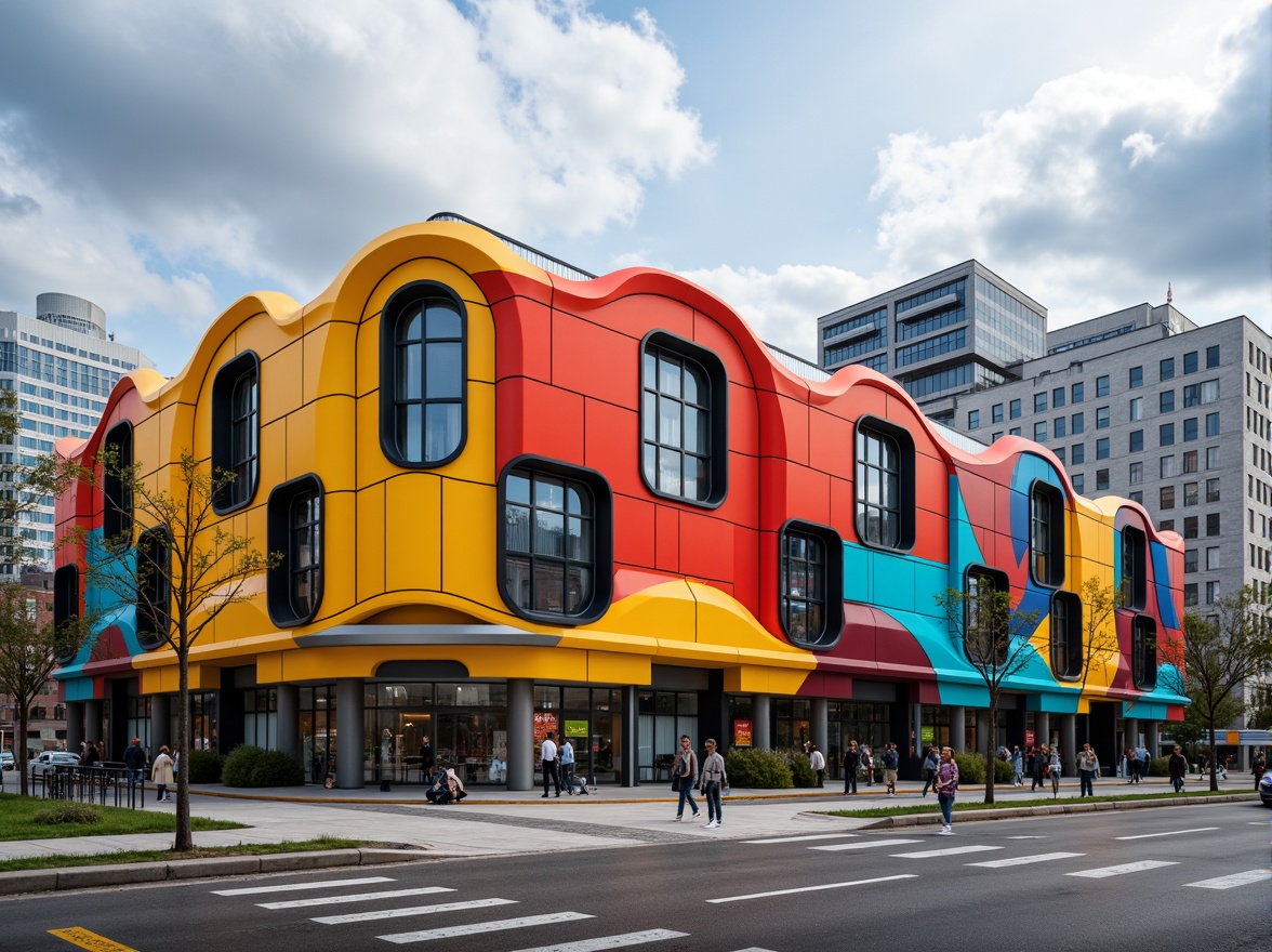 Prompt: Vibrant gymnasium facade, bold expressionist architecture, undulating curves, dynamic geometric shapes, bright primary colors, contrasting textures, metallic accents, large windows, cantilevered roofs, abstract patterns, kinetic energy, urban landscape, cloudy sky, dramatic lighting, high contrast, 1/2 composition, close-up shot, realistic materials, ambient occlusion.