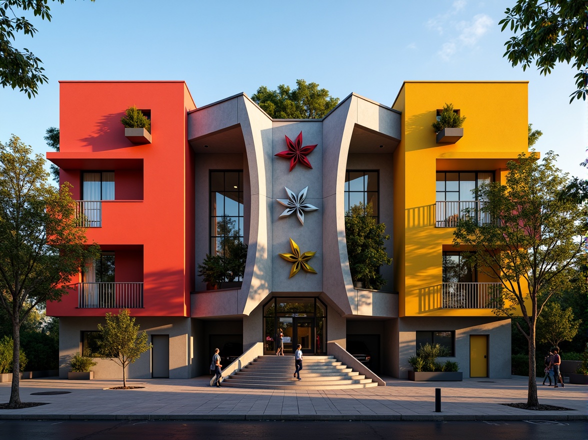 Prompt: Vibrant gymnasium facade, bold expressionist architecture, dynamic curves, irregular shapes, contrasting colors, textured concrete walls, metallic accents, angular rooflines, abstract sculptures, oversized windows, cantilevered balconies, dramatic shadows, warm afternoon light, high-contrast photography, 1/2 composition, atmospheric perspective, gritty urban surroundings, athletic equipment silhouettes, intense color grading, cinematic lighting.