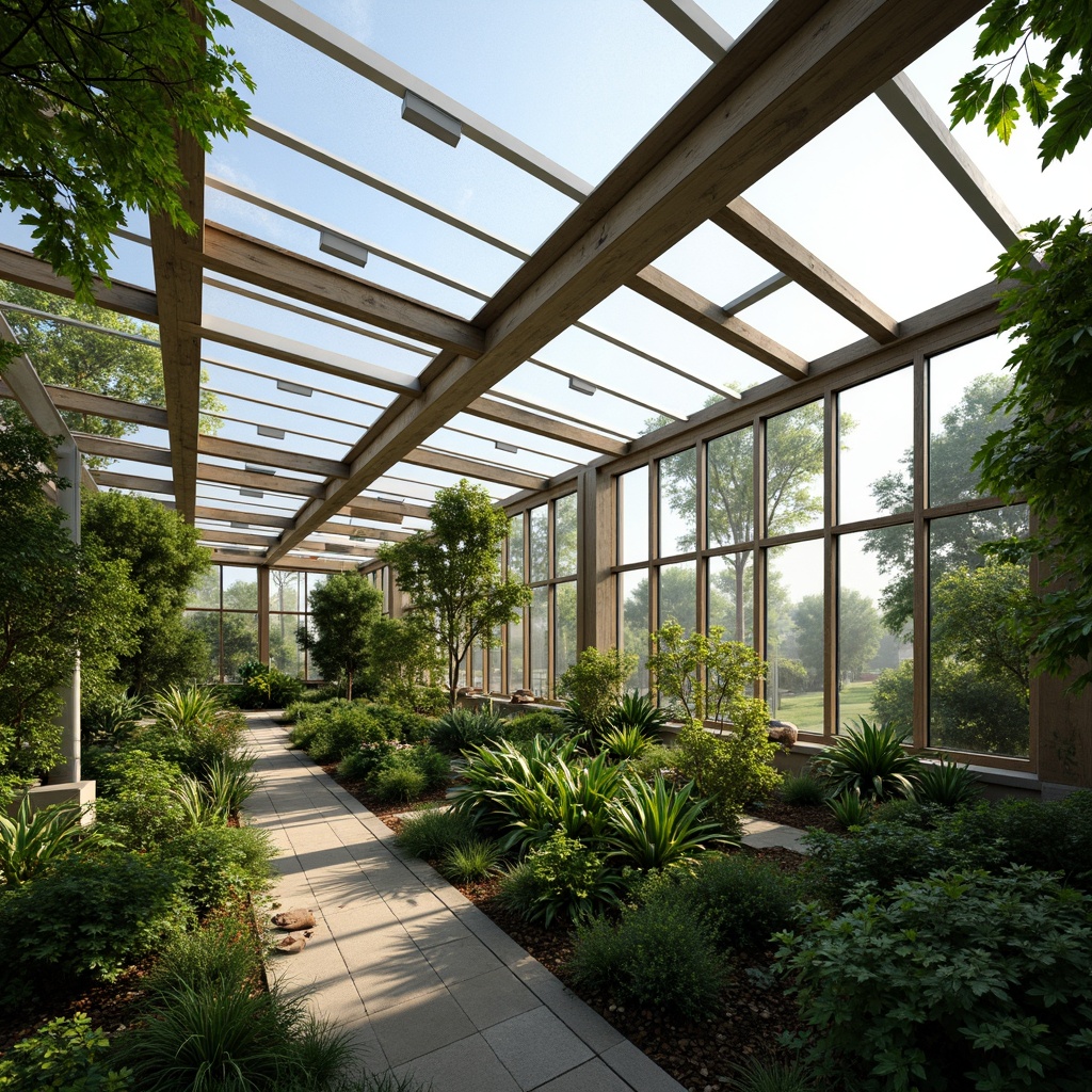 Prompt: Natural ventilation system, greenhouse structure, transparent roof panels, automatic window openers, misting systems, evaporative cooling pads, shading devices, thermal mass walls, passive solar design, climate-controlled environment, lush greenery, tropical plants, warm humid air, natural light, soft diffused lighting, 1/1 composition, shallow depth of field, realistic textures.