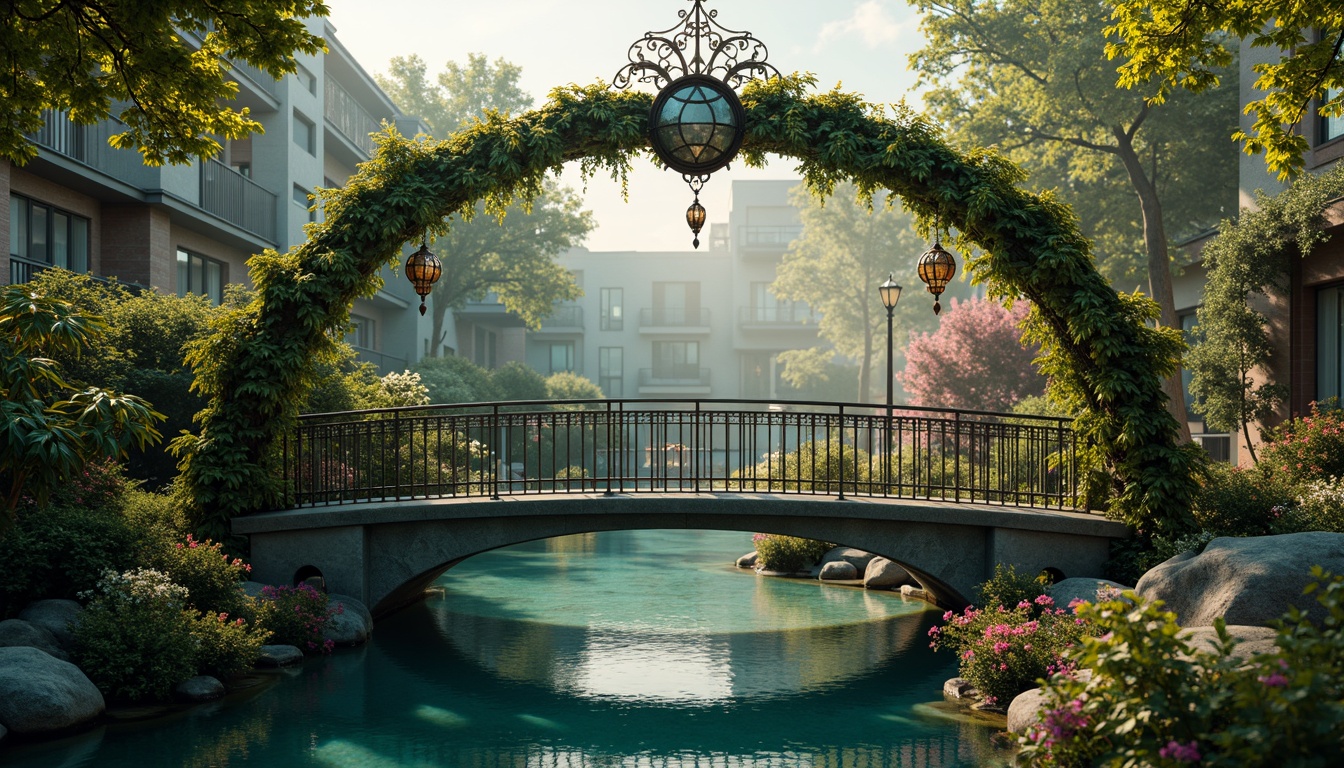 Prompt: Intricate iron bridges, ornate railings, flowing organic lines, vibrant turquoise hues, warm golden lighting, rich emerald greens, soft mauve accents, elegant curves, natural stone foundations, moss-covered arches, whimsical floral motifs, ornamental lanterns, misty morning atmosphere, soft focus, 1/1 composition, romantic ambiance, dreamy water reflections.