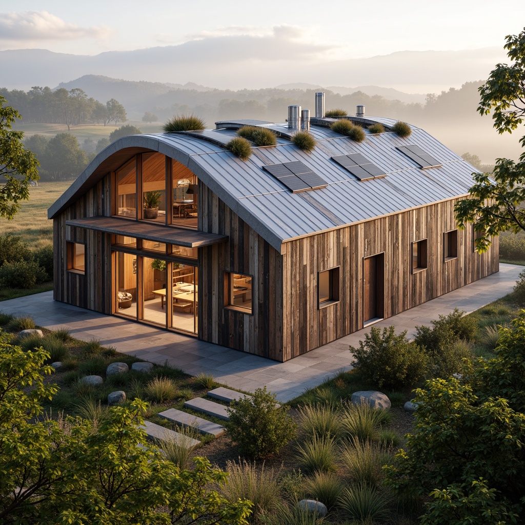 Prompt: Rustic barn-style academic building, weathered wooden fa\u00e7ade, corrugated metal roofing, innovative curved roof structure, solar panels, green roofs, clerestory windows, natural light flooding interior, wooden beams, exposed ductwork, industrial chic aesthetic, distressed wood accents, earthy color palette, rural landscape, rolling hills, misty morning, warm soft lighting, shallow depth of field, 2/3 composition, realistic textures.