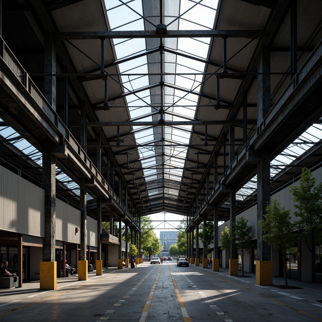 Prompt: Industrial warehouse, steel beams, metal columns, riveted connections, exposed ductwork, concrete flooring, large skylights, natural ventilation, urban landscape, overcast sky, dramatic lighting, high contrast, deep depth of field, 1/2 composition, symmetrical view, realistic materials, ambient occlusion.