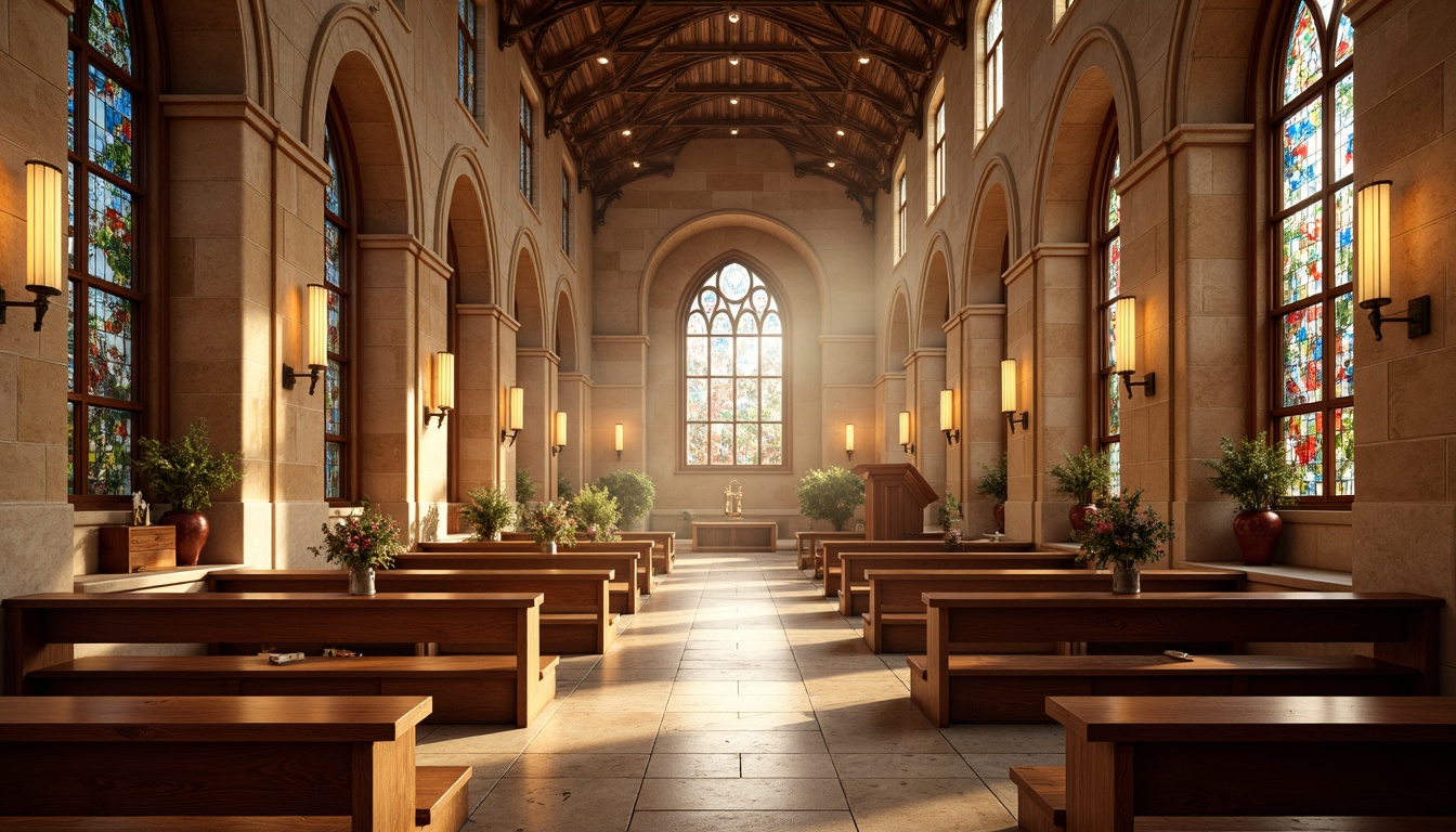 Prompt: Ethereal church interior, soft golden lighting, warm beige stone walls, rich walnut wood accents, stained glass windows, vibrant blue and red hues, ornate Gothic details, intricate frescoes, majestic vaulted ceilings, serene ambiance, warm candlelight, subtle gradient effects, 1/1 composition, realistic textures, ambient occlusion.