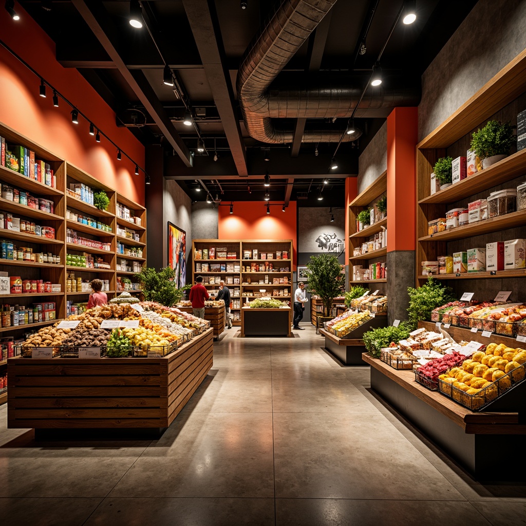 Prompt: Vibrant grocery store interior, warm color palette, dramatic shadows, high-contrast lighting, bold architectural lines, exposed ductwork, polished concrete floors, modern industrial aesthetic, eclectic product displays, artistic food arrangements, dynamic shelf layouts, warm spotlights, cool ambient lighting, 1/2 composition, cinematic atmosphere, realistic textures, subtle lens flares.