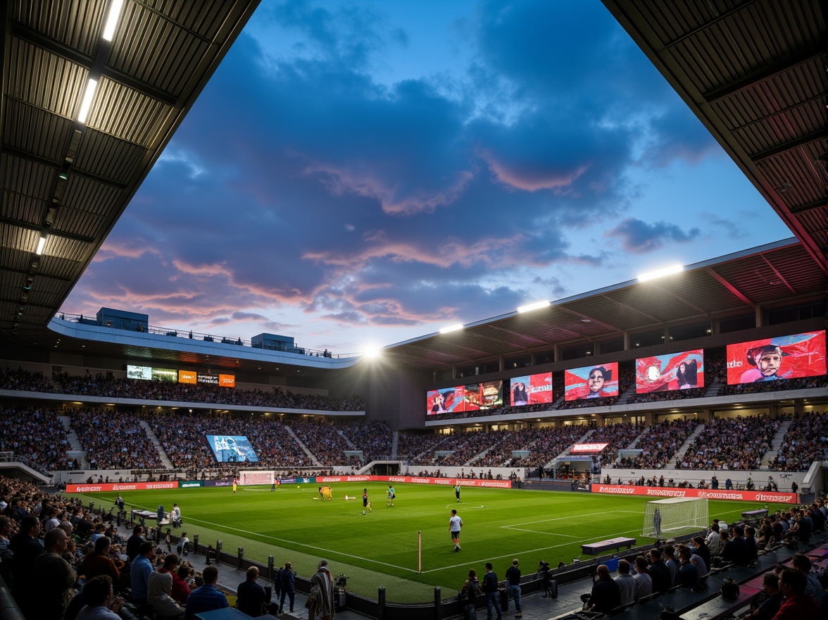 Prompt: Floodlit soccer stadium, international style architecture, sleek metallic fa\u00e7ade, vibrant LED lighting, dynamic color changing effects, towering grandstands, lush green grass, modern scoreboard displays, massive video screens, futuristic roof designs, angular lines, minimalist interior design, high-ceilinged concourses, polished concrete flooring, ambient Occlusion, realistic shading, 3/4 composition, panoramic views, dramatic evening atmosphere, warm golden lighting, shallow depth of field.