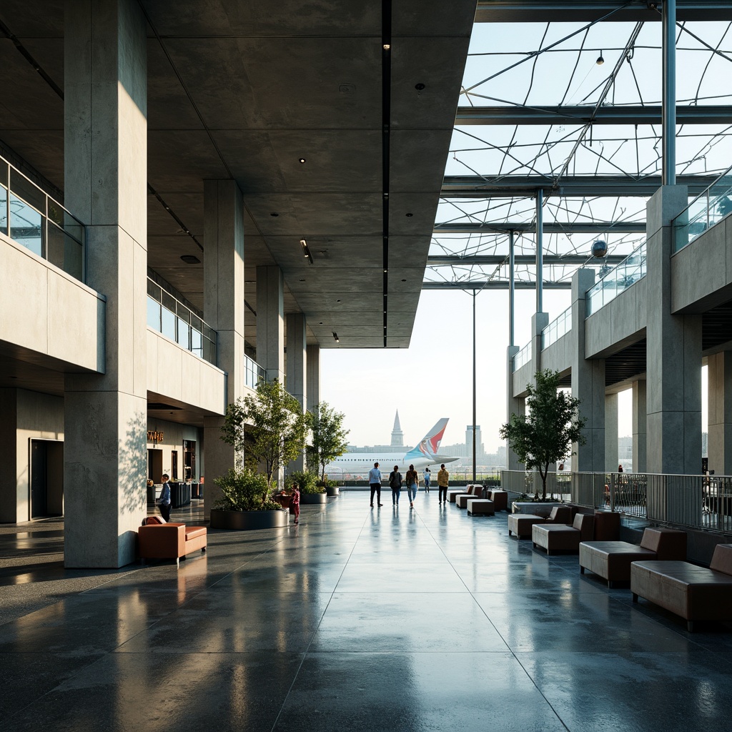 Prompt: Functional airport terminal, industrial materials, exposed concrete walls, steel beams, glass roofs, minimal ornamentation, primary color schemes, geometric shapes, functional typography, industrial lighting fixtures, sleek metal railings, modernist furniture, airy open spaces, natural ventilation systems, urban cityscape views, morning sunlight, soft diffused lighting, shallow depth of field, 2/3 composition, architectural lines, realistic textures, ambient occlusion.