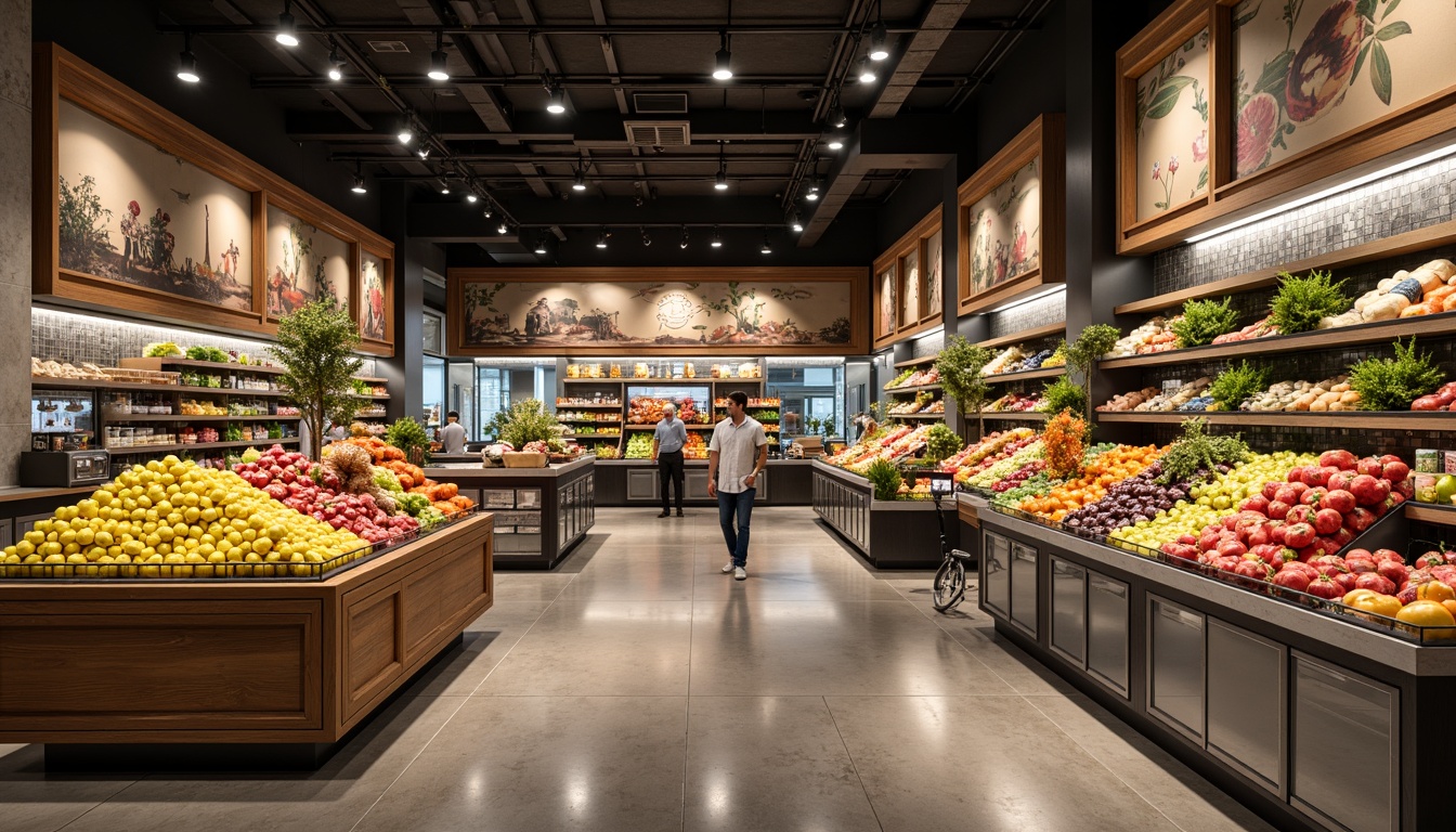 Prompt: Vibrant grocery market, polished concrete floors, wooden shelves, metal racks, glass countertops, colorful fruit stands, fresh produce displays, decorative ceramic tiles, natural stone walls, industrial lighting fixtures, matte steel appliances, earthy tone color scheme, warm inviting atmosphere, shallow depth of field, 1/2 composition, realistic textures, ambient occlusion.