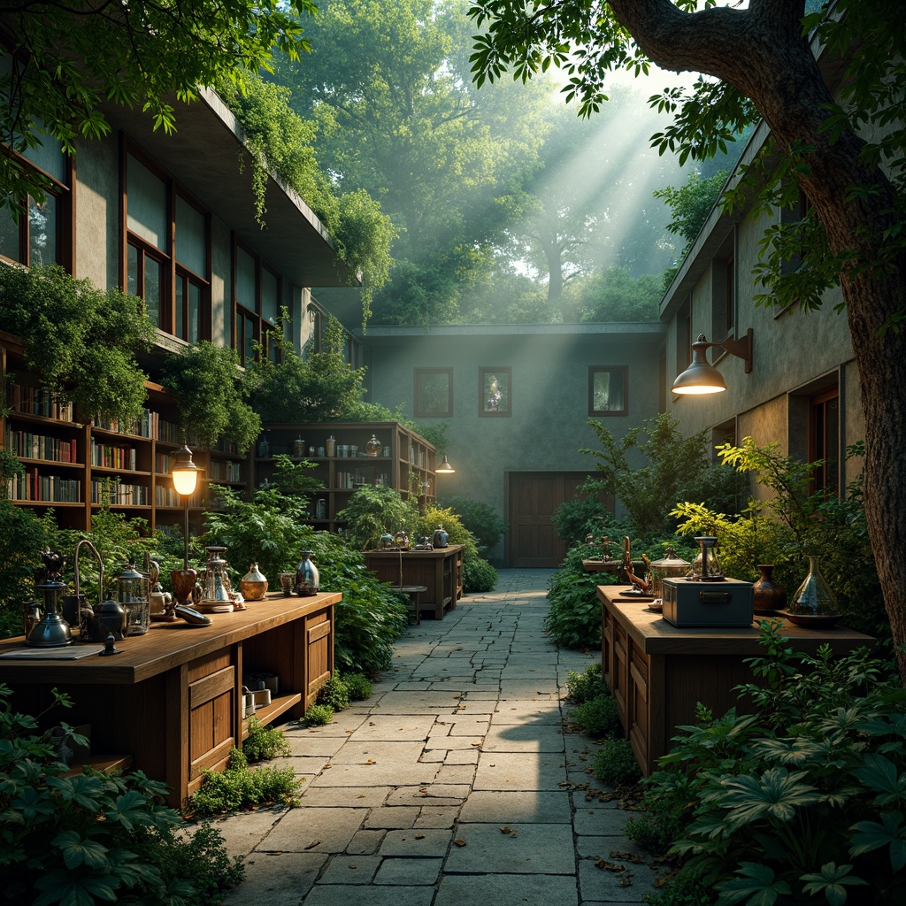 Prompt: Whimsical laboratory, lush green walls, exotic plants, natural stone floors, wooden workbenches, vintage scientific instruments, distressed leather-bound books, soft warm lighting, misty atmosphere, eerie fog effects, mysterious forest surroundings, twinkling fireflies, winding stone pathways, ancient trees, moss-covered ruins, overgrown gardens, abandoned equipment, rusty metal details, weathered wood textures, cinematic composition, shallow depth of field, panoramic view, realistic foliage, ambient occlusion.