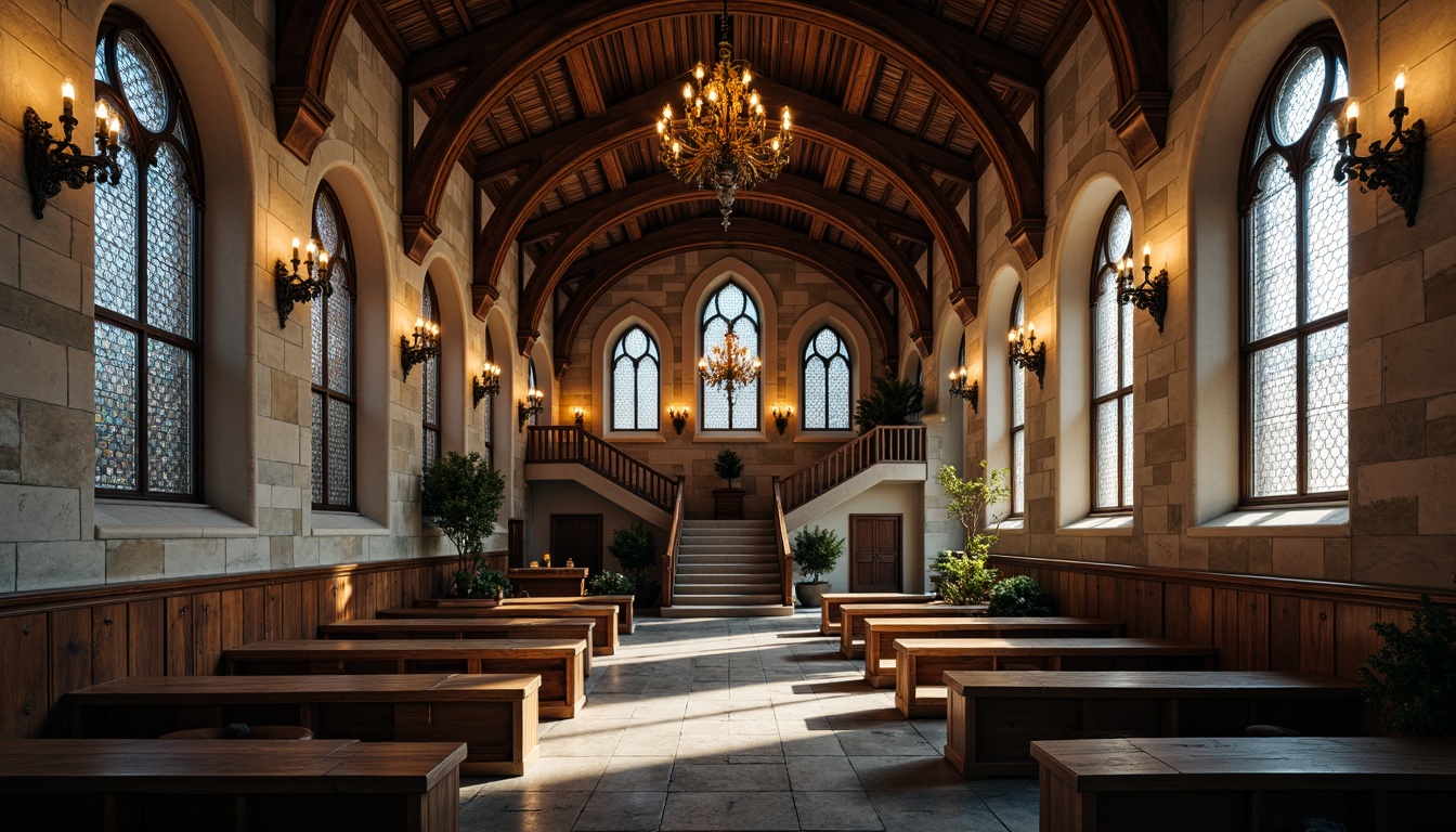 Prompt: Vaulted ceilings, stone walls, stained glass windows, wooden benches, ornate chandeliers, grand staircases, intricate carvings, Gothic arches, ribbed vaults, cloistered walkways, rustic wooden doors, worn stone floors, warm candlelight, soft diffused lighting, 1/2 composition, symmetrical framing, atmospheric perspective, realistic textures, subtle ambient occlusion.