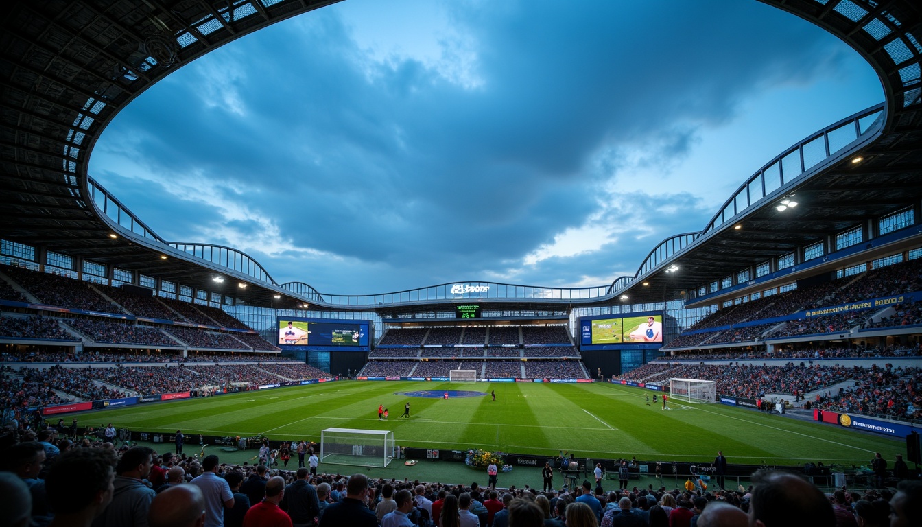 Prompt: Floodlit soccer stadium, international style architecture, sleek metal beams, cantilevered roofs, vast open spaces, vibrant green grass, athletic tracks, scoreboards, giant video screens, dynamic LED lighting, warm white spotlights, cool blue accents, dramatic shadowing, 3/4 composition, low-angle shots, realistic textures, ambient occlusion, evening atmosphere, cloudy sky, misty effects.