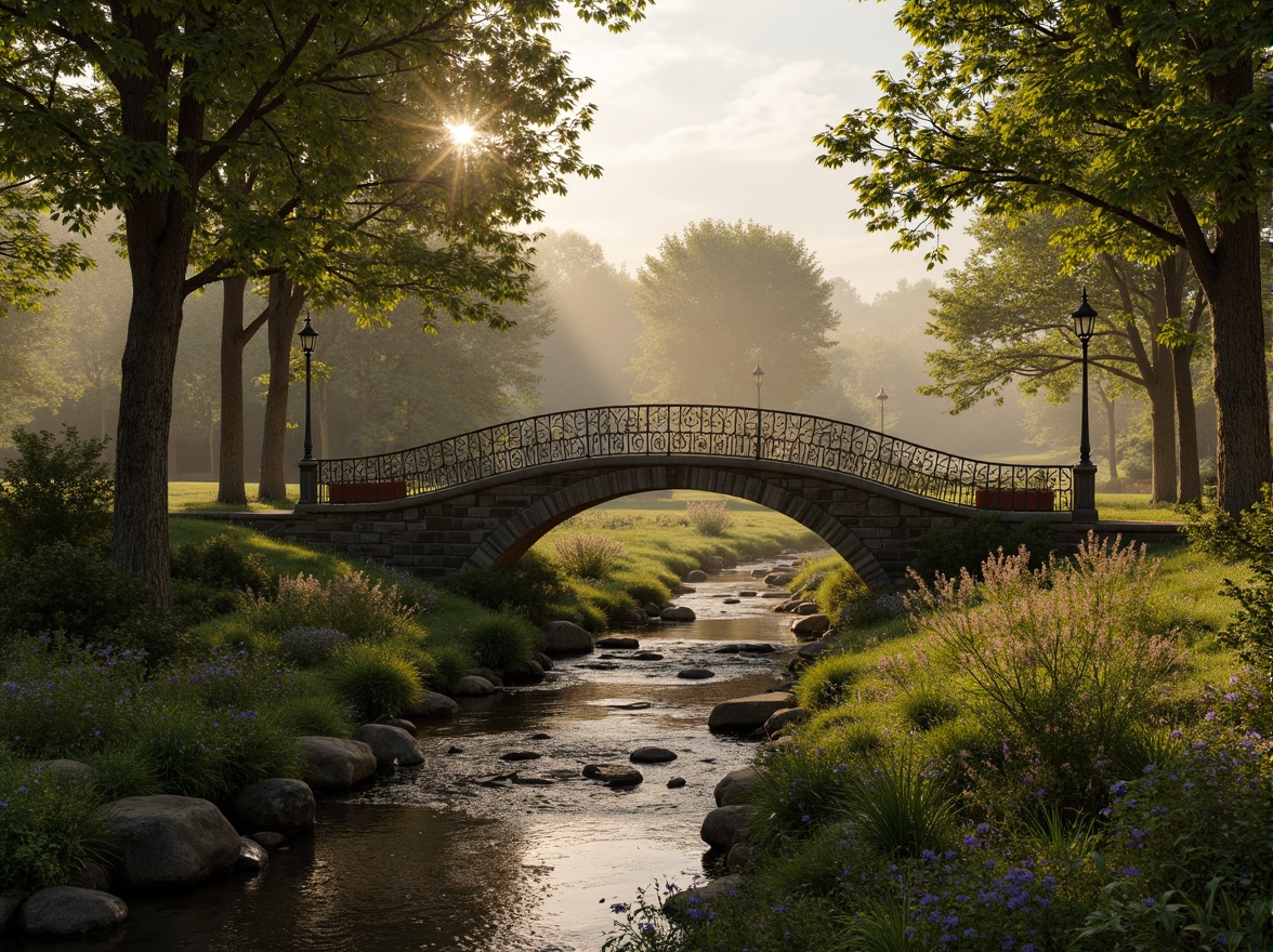 Prompt: Rustic stone bridges, Art Nouveau ornate metal railings, winding rural roads, lush green forests, babbling brooks, vibrant wildflowers, soft misty mornings, warm golden lighting, shallow depth of field, 1/1 composition, symmetrical architecture, curved lines, organic forms, earthy color palette, natural stone textures, moss-covered surfaces, intricate ironwork details, elegant lamp posts, ornate bridge benches, serene rural landscapes, peaceful atmosphere.