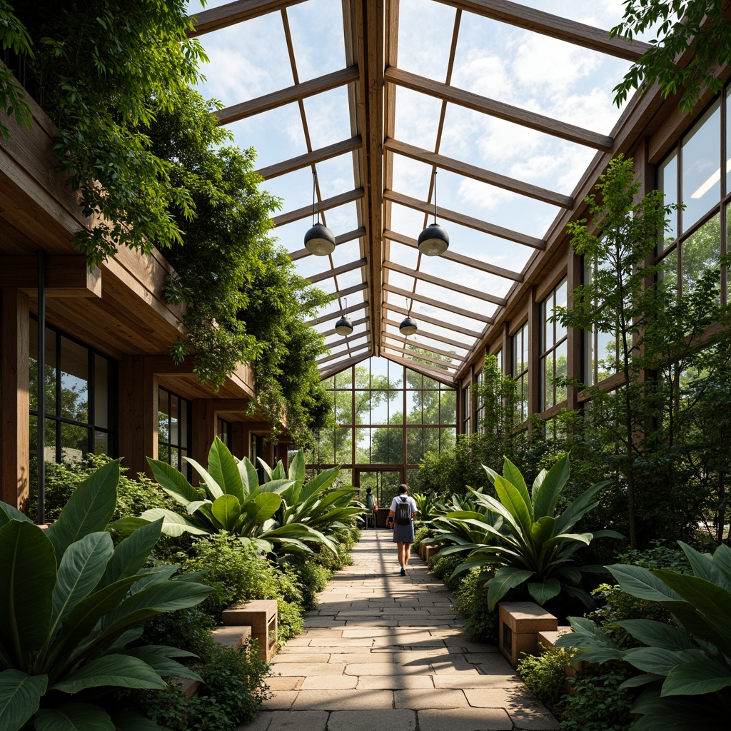 Prompt: Tropical greenhouse interior, lush greenery, exotic plants, natural stone pathways, wooden trellises, transparent glass roofs, clerestory windows, solar tubes, skylights, diffused soft lighting, warm ambiance, organic textures, rustic wood accents, earthy color palette, misting systems, humid climate control, automated ventilation, 1/1 composition, shallow depth of field, realistic reflections.