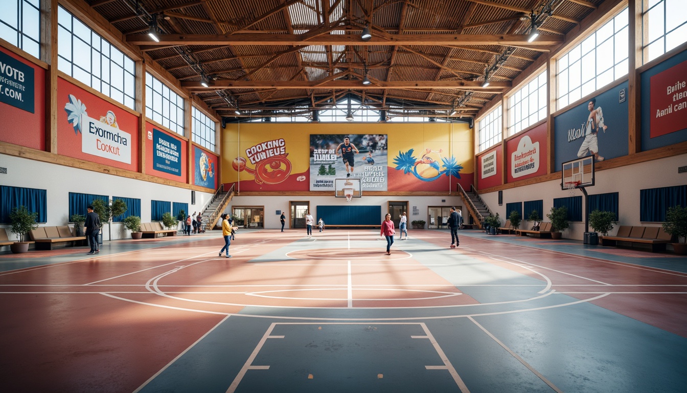 Prompt: Modern gymnasium interior, sports equipment, athletic tracks, basketball courts, vibrant color schemes, dynamic textures, rubber flooring, acoustic panels, natural light pouring in, clerestory windows, minimalist seating areas, flexible layout designs, modular furniture systems, sound-absorbing materials, eco-friendly upholstery fabrics, bold graphic patterns, motivational quotes, inspiring athletic murals, shallow depth of field, 1/2 composition, realistic renderings, ambient occlusion.