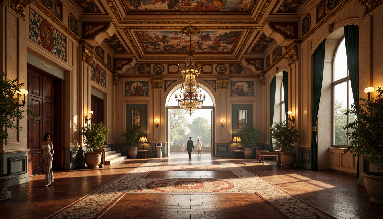 Prompt: Grandiose arches, ornate frescoes, golden mosaics, intricately carved wooden accents, lavish chandeliers, majestic stone columns, vaulted ceilings, richly patterned rugs, opulent drapery, grand entrance halls, sweeping staircases, intimate alcoves, warm golden lighting, subtle ambient shadows, 1/1 composition, realistic textures, atmospheric fog.