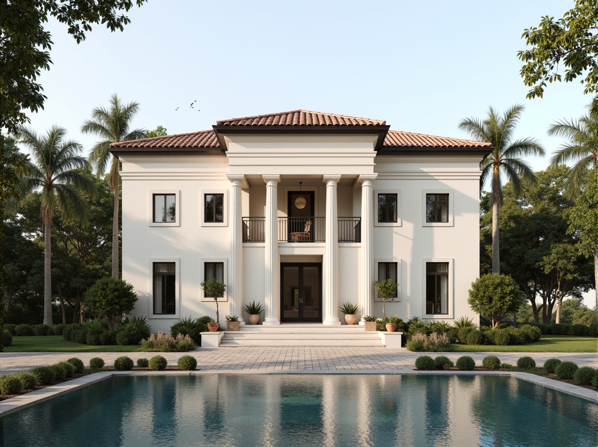 Prompt: Elegant villa facade, symmetrical composition, classical Greek columns, ornate architraves, balanced proportions, harmonious color palette, cream-white stucco walls, terracotta roof tiles, manicured lawns, topiary trees, serene water features, reflective pool, tranquil courtyard, soft natural lighting, 1/1 composition, central axis symmetry, subtle texture variations, ornate details, luxurious ambiance.