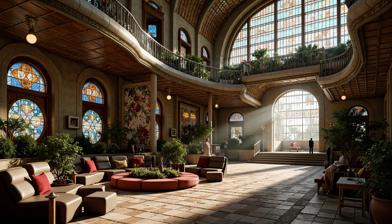 Prompt: Elegant Art Nouveau building, ornate metalwork, flowing organic lines, sinuous curves, stained glass windows, vibrant colorful patterns, intricate mosaics, luxurious textiles, ornamental furnishings, natural light pouring through, soft warm illumination, gentle shadows, ambient highlights, subtle gradations, shallow depth of field, 1/1 composition, realistic textures, atmospheric perspective.