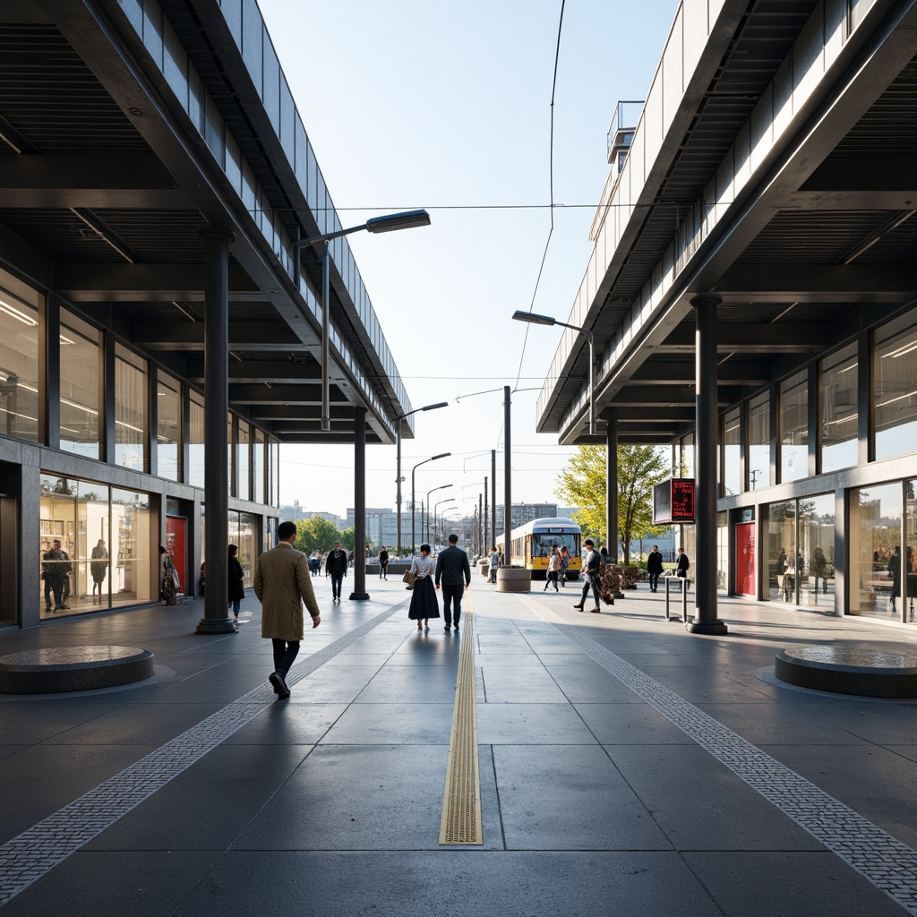 Prompt: Contemporary tram station, sleek metallic structures, cantilevered roofs, transparent glass walls, polished concrete floors, industrial-style lighting fixtures, exposed ductwork, minimalist signage, urban landscape, morning commute, soft natural light, shallow depth of field, 2/3 composition, symmetrical framing, realistic textures, ambient occlusion, futuristic materials, LED displays, electronic information boards, sustainable energy harvesting systems, green roofs, eco-friendly furniture, vibrant colorful accents.