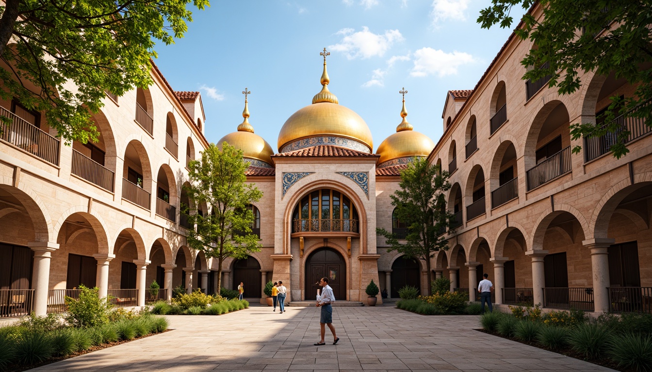 Prompt: Golden domes, ornate crosses, intricate stone carvings, vibrant mosaics, grand arches, majestic columns, rustic brick walls, traditional Mediterranean colors, symmetrical composition, central courtyard, lush greenery, warm sunny day, soft natural lighting, shallow depth of field, 1/1 composition, realistic textures, ambient occlusion.