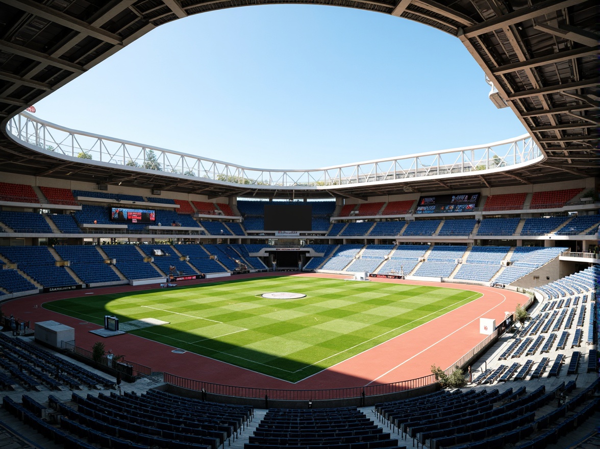 Prompt: Grandstand seating, athletic track, soccer field, basketball court, tennis court, sports lighting, stadium architecture, modern angular lines, metallic structures, vibrant team colors, lush green grass, natural stone surfaces, drainage systems, scoreboards, goalposts, netting, referee areas, spectator zones, concession stands, shade canopies, 3/4 composition, low-angle shot, dramatic shadows, realistic textures, ambient occlusion.