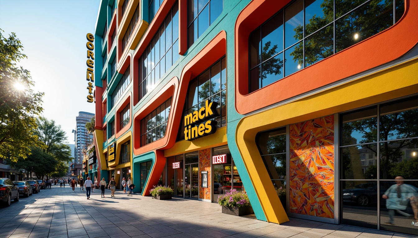 Prompt: Vibrant grocery store facade, curved lines, bold shapes, bright primary colors, abstract forms, distorted proportions, irregular patterns, playful typography, oversized signage, dynamic LED lighting, reflective metal surfaces, geometric glass panels, intricate tile mosaics, urban cityscape, busy street scene, morning sunlight, shallow depth of field, 1/2 composition, cinematic camera angle, high contrast ratio, dramatic shadows.