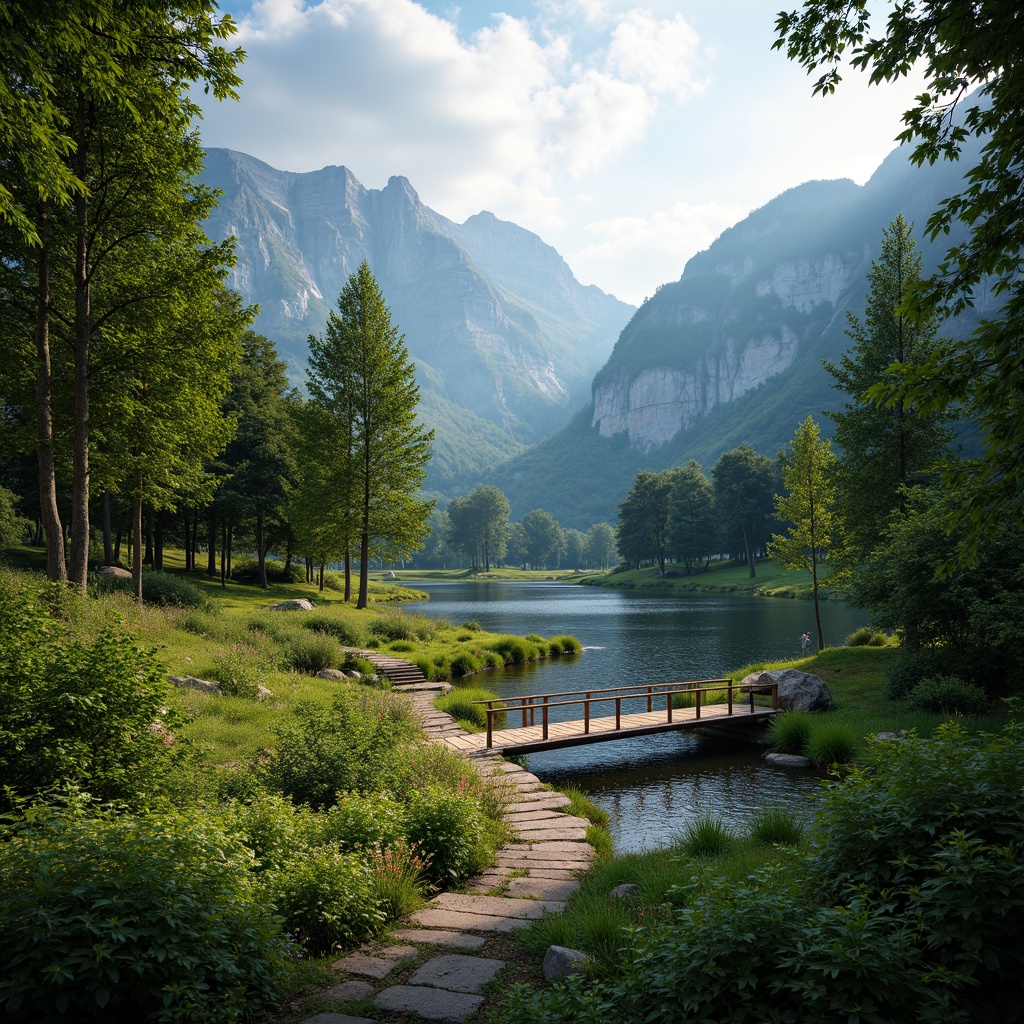 Prompt: Sweeping mountain ranges, lush green forests, serene lakeshores, meandering rivers, rustic wooden bridges, natural stone pathways, verdant flora, vibrant wildflowers, towering trees, misty atmosphere, soft warm lighting, shallow depth of field, 1/2 composition, panoramic view, realistic textures, ambient occlusion.