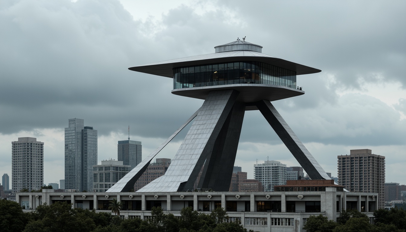 Prompt: Futuristic watchtower, sleek metallic surfaces, angular lines, minimalist design, cantilevered structures, reinforced concrete foundations, geometric shapes, industrial materials, urban cityscape, cloudy grey sky, dramatic spotlighting, high contrast lighting, 3/4 composition, shallow depth of field, realistic textures, ambient occlusion.