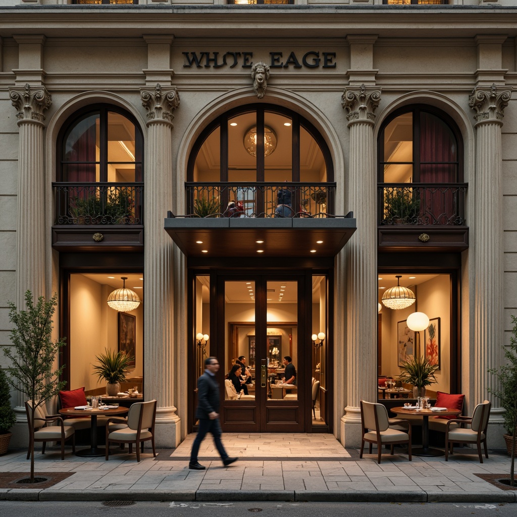 Prompt: Elegant restaurant facade, neoclassical columns, ornate moldings, carved stonework, symmetrical composition, grand entrance, wooden doors, bronze hardware, large windows, subtle arches, soft warm lighting, shallow depth of field, 1/1 composition, realistic textures, ambient occlusion, cream-colored walls, rich wood tones, luxurious upholstery, fine dining atmosphere, evening ambiance, warm golden light, subtle shadows.