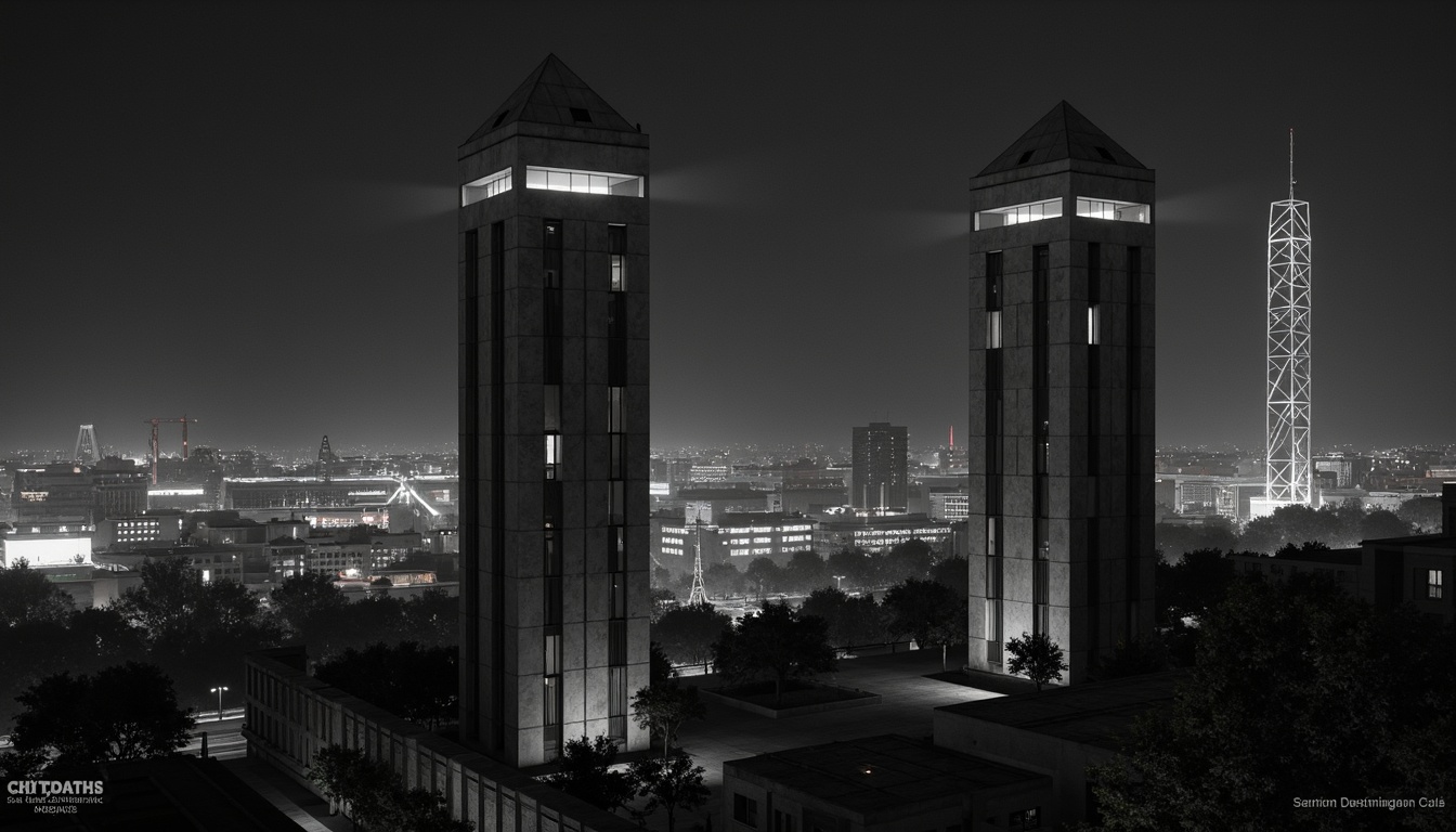 Prompt: Monumental watchtowers, bold monochromatic color scheme, sleek minimalist design, industrial metal textures, geometric shapes, abstract patterns, urban cityscape, gritty concrete walls, modern avant-garde architecture, futuristic details, neon accent lights, nighttime ambiance, cinematic atmosphere, low-key lighting, 1/1 composition, realistic render, atmospheric perspective.