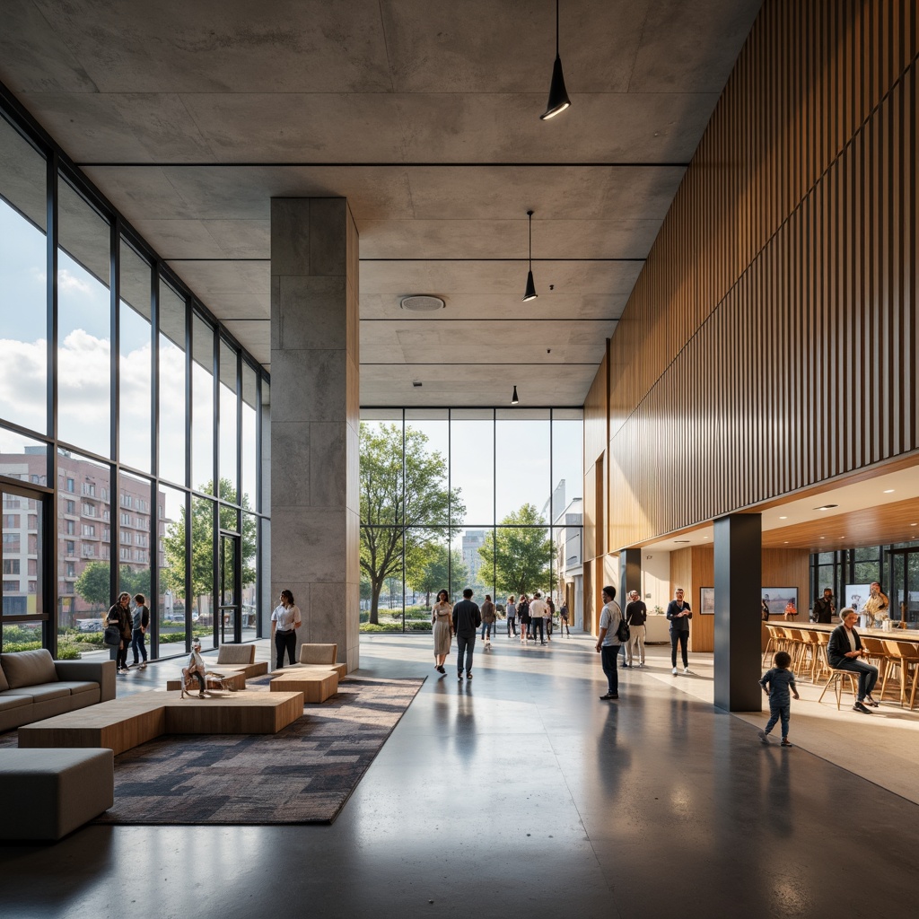 Prompt: Contemporary museum interior, open floor plan, high ceilings, natural light pouring in, polished concrete floors, sleek wooden accents, minimalist exhibit displays, interactive digital installations, immersive audio-visual experiences, flexible seating areas, modular furniture, neutral color palette, subtle texture variations, ambient soft lighting, shallow depth of field, 1/2 composition, realistic reflections, subtle gradient maps.