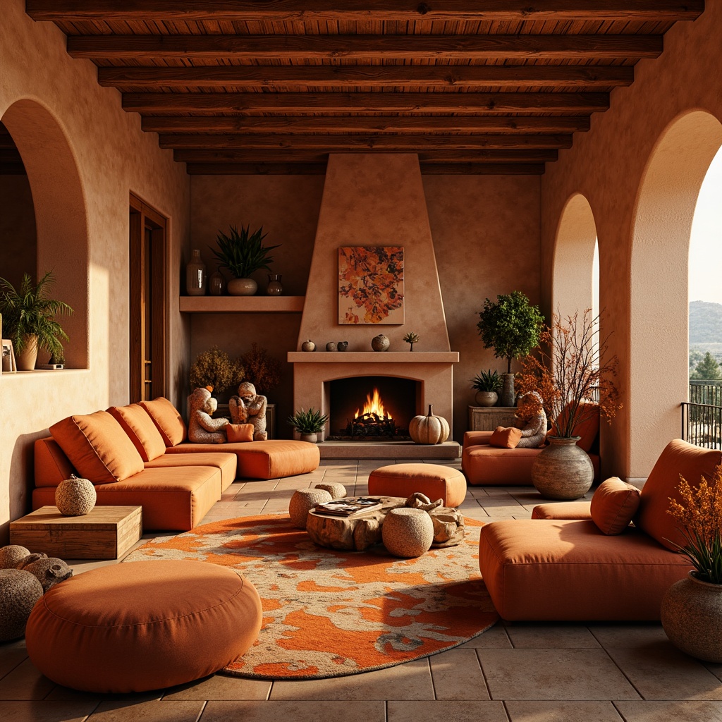 Prompt: Warm persimmon hues, earthy tones, natural materials, rustic textures, wooden accents, stone walls, cozy atmosphere, autumnal feelings, vibrant orange undertones, deep burnt oranges, rich terracottas, soft sienna, earthy browns, subtle warm lighting, inviting interior spaces, comfortable seating areas, nature-inspired patterns, organic shapes, free-flowing curves, whimsical details, eclectic decor, bohemian chic, artistic expressions.