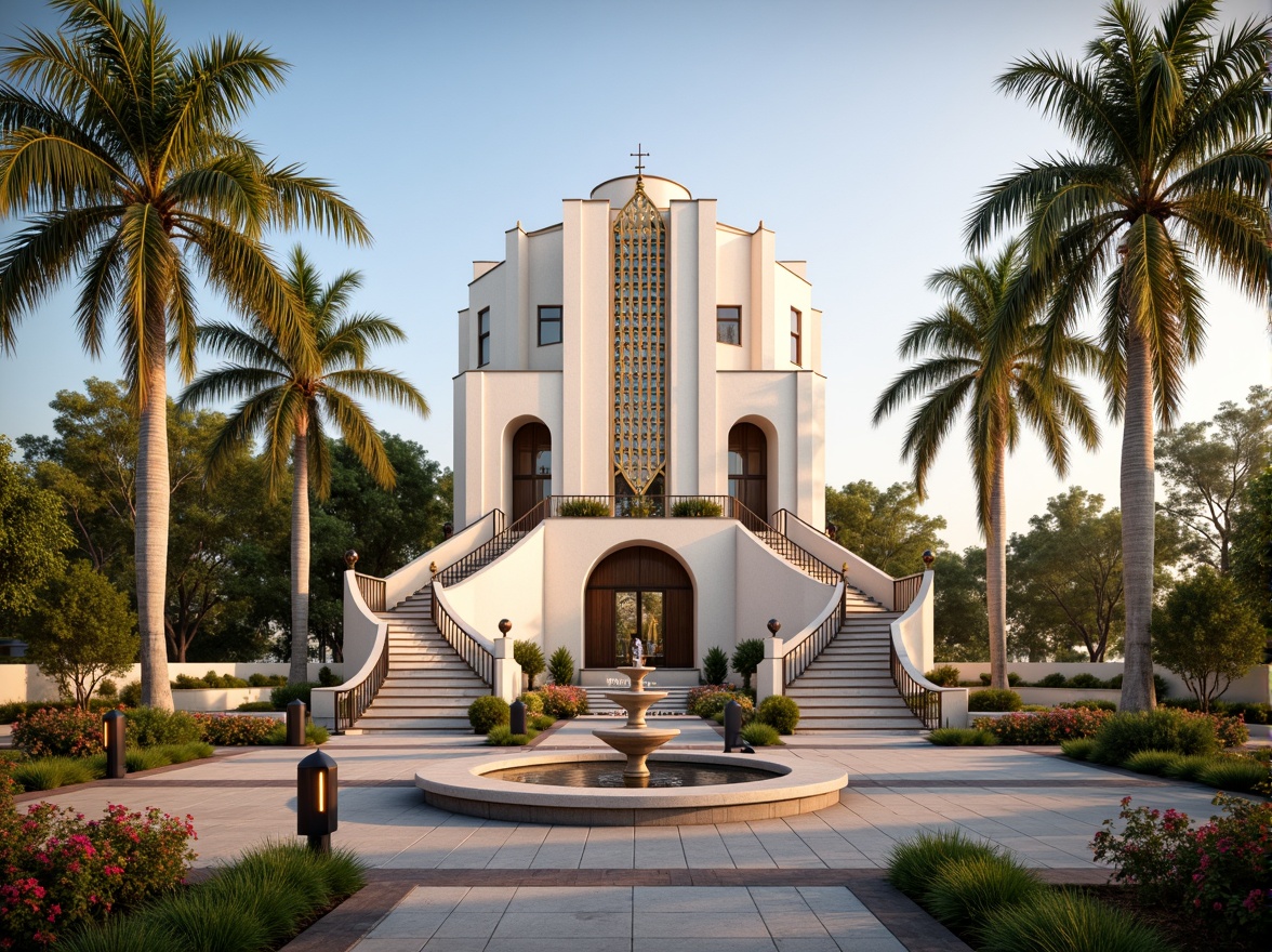 Prompt: Elegant Art Deco church, ornate stone fa\u00e7ade, symmetrical entrance, grand staircases, intricately patterned metalwork, lavish fountains, tropical palm trees, vibrant flower beds, manicured lawns, geometrically shaped hedges, decorative street lamps, warm golden lighting, shallow depth of field, 1/1 composition, symmetrical framing, realistic textures, ambient occlusion.