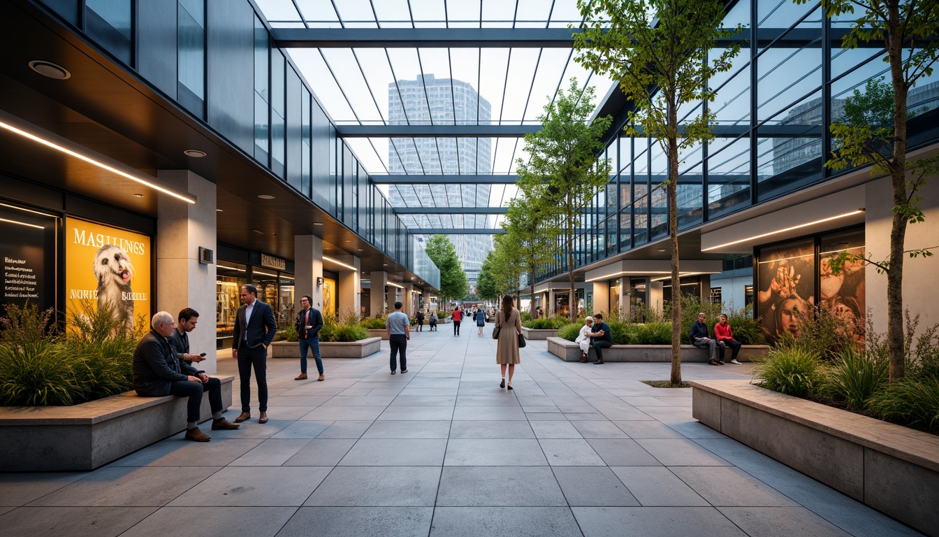 Prompt: Modern tram station, sleek metallic surfaces, large glass roofs, natural stone flooring, industrial-chic lighting fixtures, minimalist benches, urban landscaping, vibrant street art, bustling city atmosphere, morning rush hour, soft warm lighting, shallow depth of field, 1/1 composition, realistic textures, ambient occlusion.