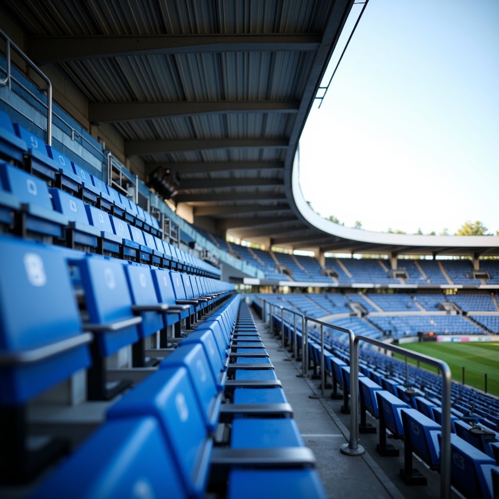 Prompt: Stadium seating design, tiered rows, vibrant blue seats, metallic handrails, optimal sightlines, unobstructed views, comfortable legroom, ample aisle space, modern architectural curves, sleek glass railings, open-air atmosphere, sunny day, soft natural lighting, shallow depth of field, 3/4 composition, panoramic view, realistic textures, ambient occlusion.