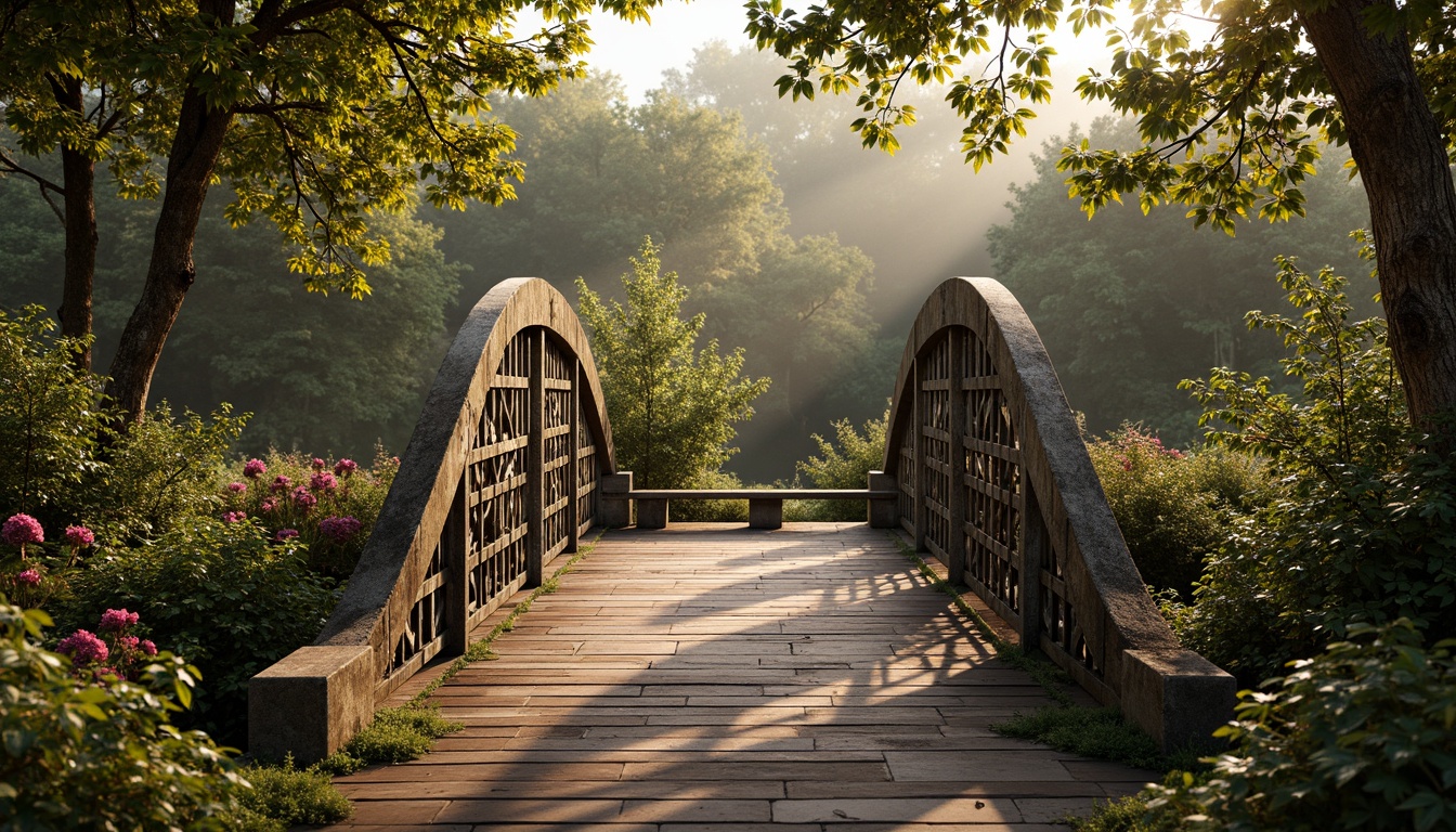 Prompt: Rustic rural bridges, ornate Art Nouveau details, intricate metalwork, weathered wooden planks, moss-covered stone foundations, curved steel arches, decorative iron railings, vibrant floral patterns, natural earthy tones, warm golden lighting, misty morning atmosphere, soft focus, shallow depth of field, 1/2 composition, realistic textures, ambient occlusion.