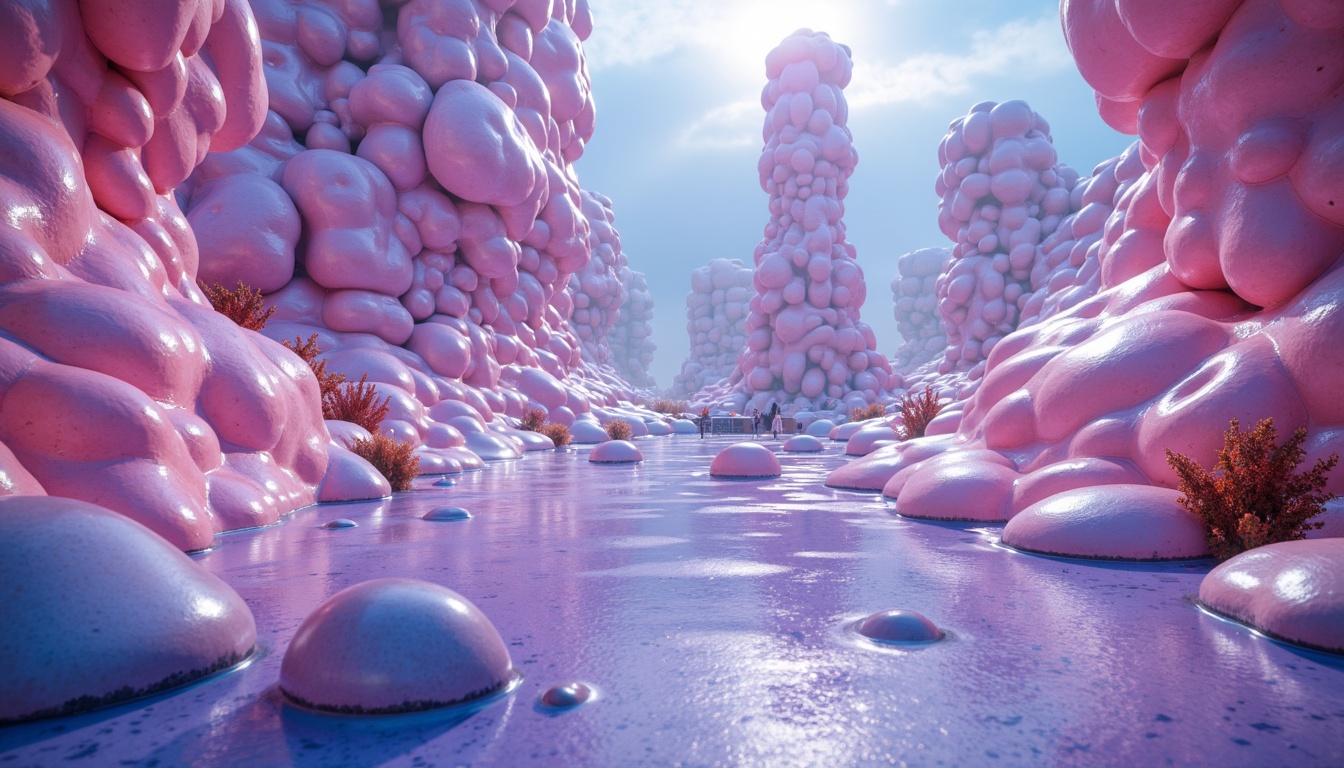 Prompt: Vibrant blob-like structures, iridescent glazes, metallic sheen, neon-lit accents, futuristic ambiance, surreal landscapes, misty atmospheric effects, soft glowing lighting, shallow depth of field, 3/4 composition, panoramic view, realistic textures, ambient occlusion, pastel hues, electric blues, luminous whites, deep purples, rose-gold metallics, holographic reflections, prismatic colors, cyberpunk-inspired aesthetic.