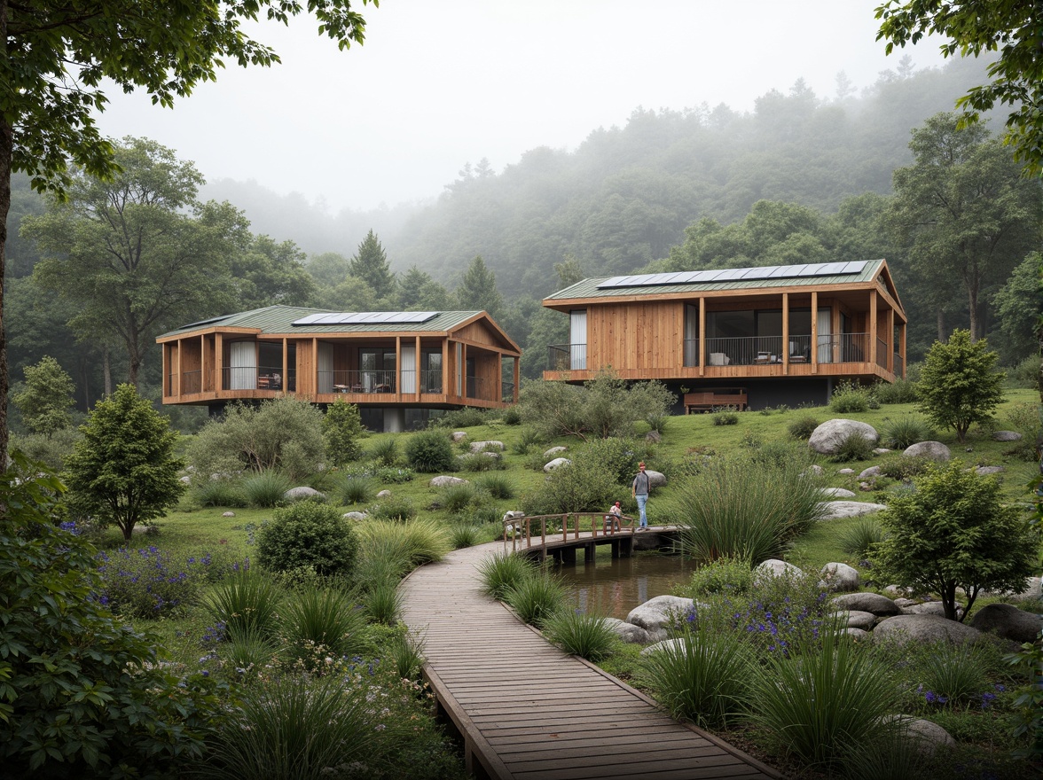 Prompt: Sustainable eco-lodge, natural materials, reclaimed wood, green roofs, solar panels, wind turbines, water conservation systems, living walls, organic gardens, wildflowers, meandering pathways, rustic wooden bridges, serene forest surroundings, misty morning atmosphere, soft diffused lighting, shallow depth of field, 1/1 composition, realistic textures, ambient occlusion.