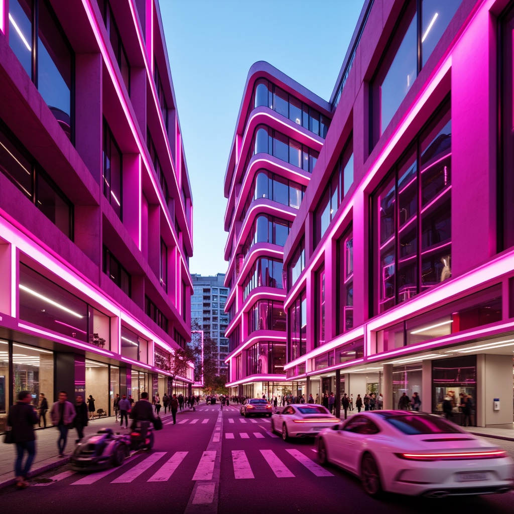 Prompt: Vibrant magenta buildings, futuristic architecture, neon-lit streets, urban cityscape, dynamic color gradients, bold geometric shapes, reflective metallic surfaces, sleek modern design, angular lines, abstract patterns, LED light installations, electric atmosphere, fast-paced movement, shallow depth of field, 3/4 composition, panoramic view, realistic textures, ambient occlusion.