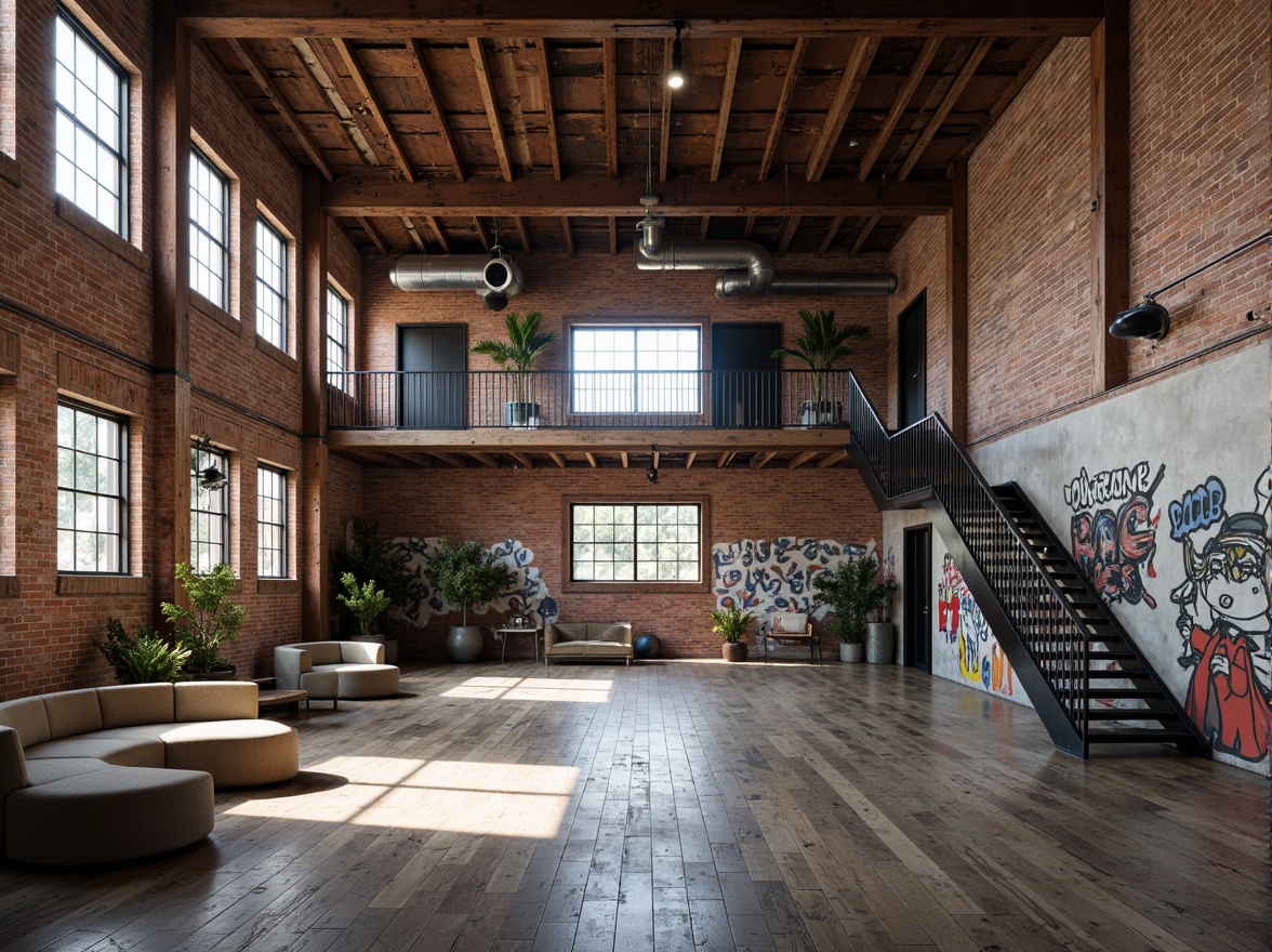 Prompt: Abandoned industrial warehouse, distressed brick walls, rusty metal beams, reclaimed wood floors, exposed ductwork, urban renewal project, adaptive reuse concept, modern minimalist design, sleek steel staircases, polished concrete surfaces, industrial chic aesthetic, vibrant street art, eclectic mix of old and new, natural light pouring in, shallow depth of field, 3/4 composition, panoramic view, realistic textures, ambient occlusion.