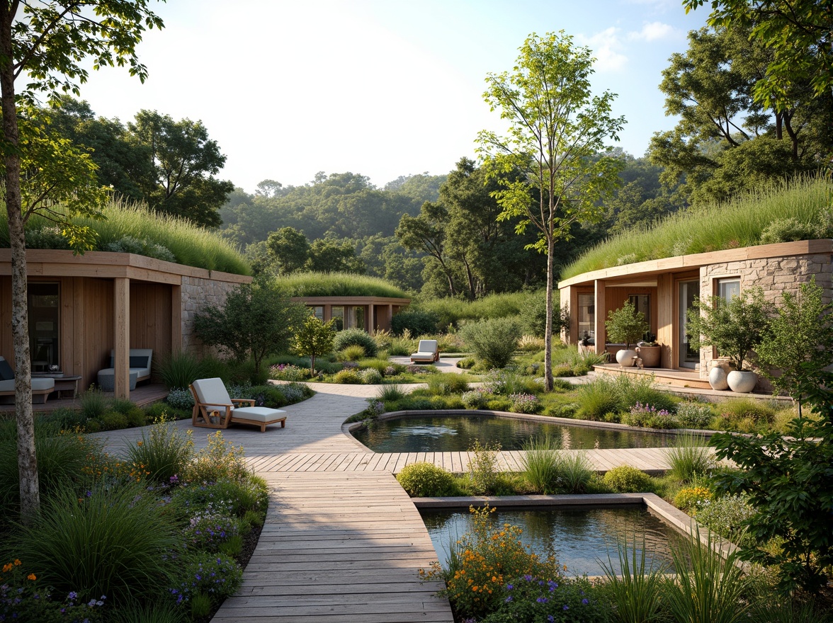 Prompt: Harmonious landscape integration, lush green roofs, verdant walls, natural stone fa\u00e7ades, curved lines, organic architecture, blending boundaries, seamless transitions, rustic wooden decks, meandering walkways, serene water features, reflecting pools, native plant species, vibrant wildflowers, warm sunny day, soft diffused lighting, 1/2 composition, atmospheric perspective, realistic textures, ambient occlusion.